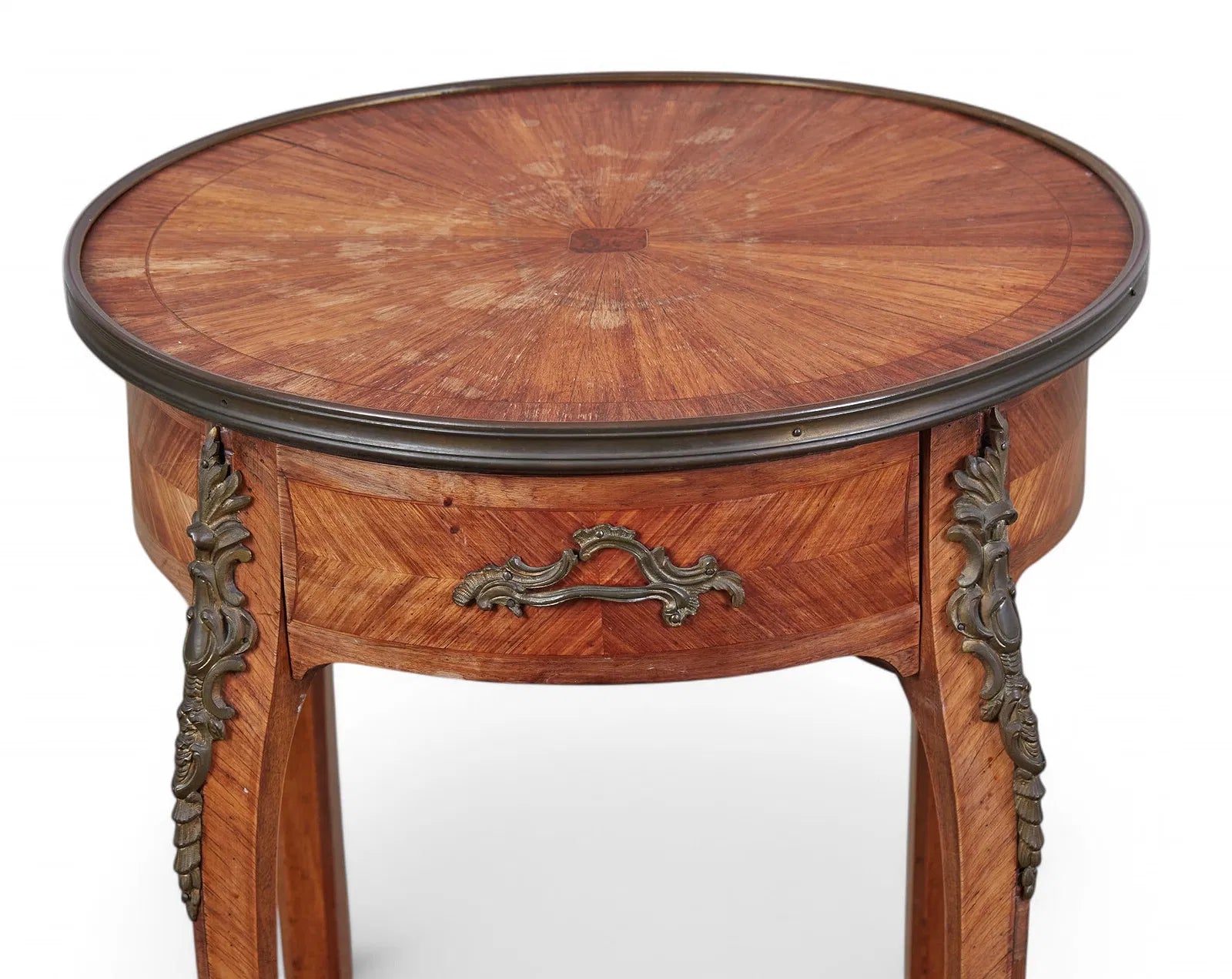 AF1-074: Antique Louis XV/XVI Transitional Tulip Wood Marquetry Salon Table Late 19th Century
