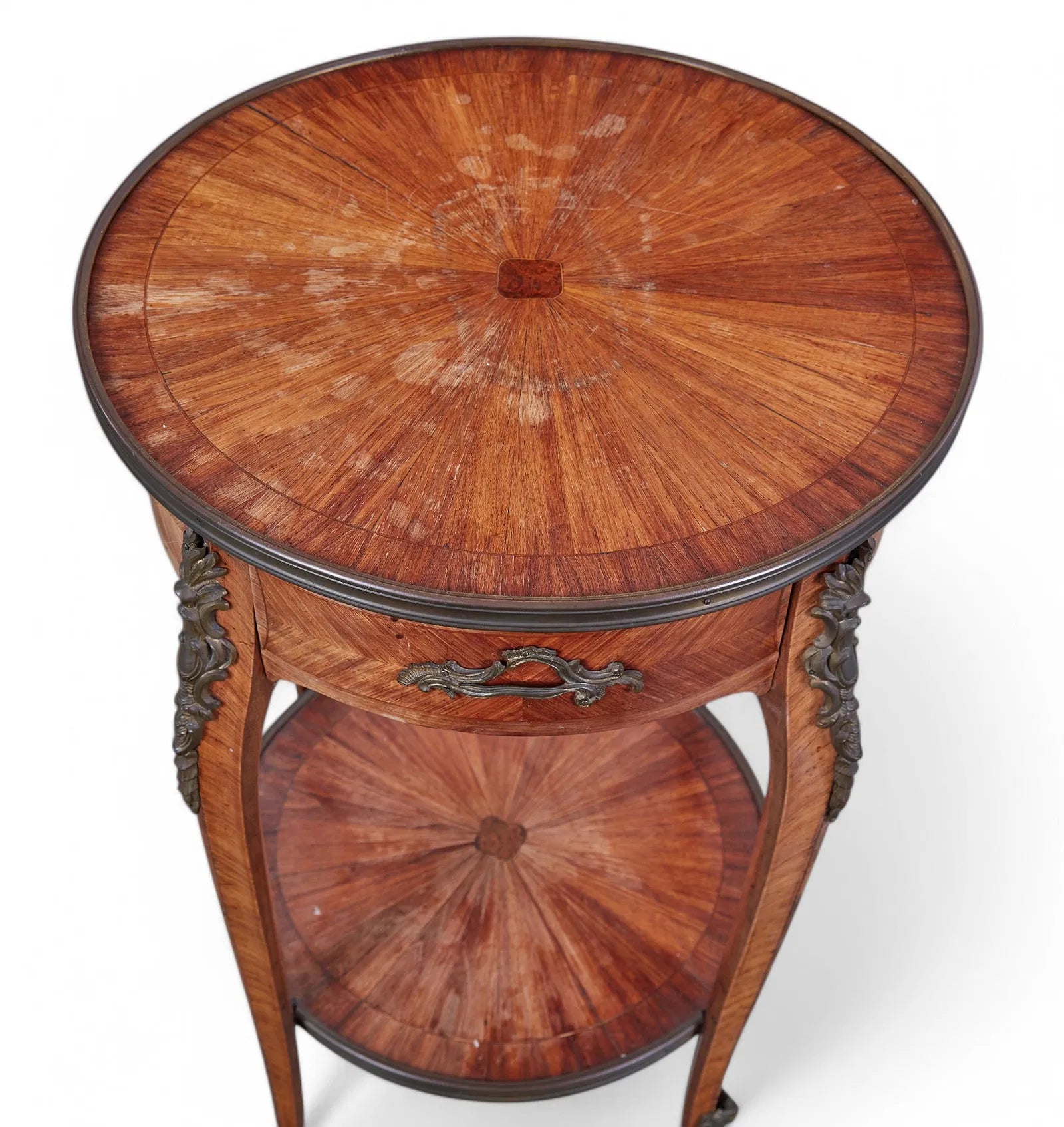 AF1-074: Antique Louis XV/XVI Transitional Tulip Wood Marquetry Salon Table Late 19th Century