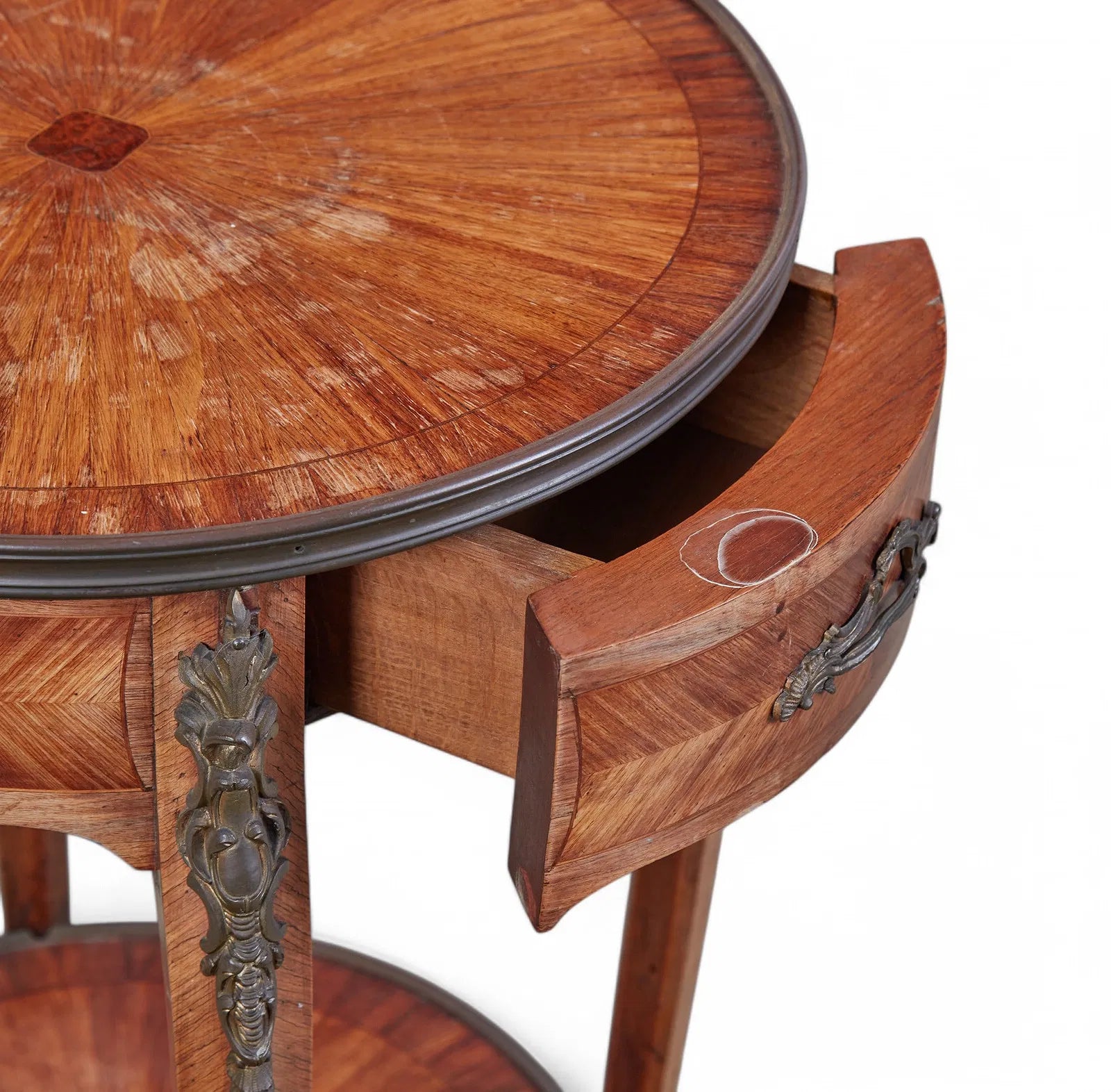 AF1-074: Antique Louis XV/XVI Transitional Tulip Wood Marquetry Salon Table Late 19th Century