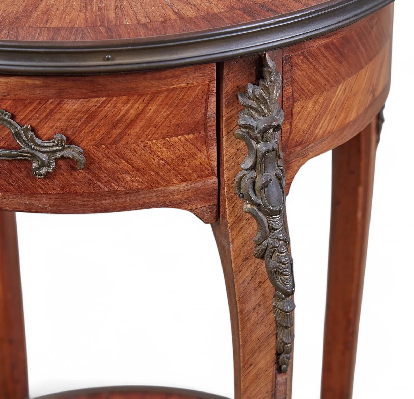 AF1-074: Antique Louis XV/XVI Transitional Tulip Wood Marquetry Salon Table Late 19th Century