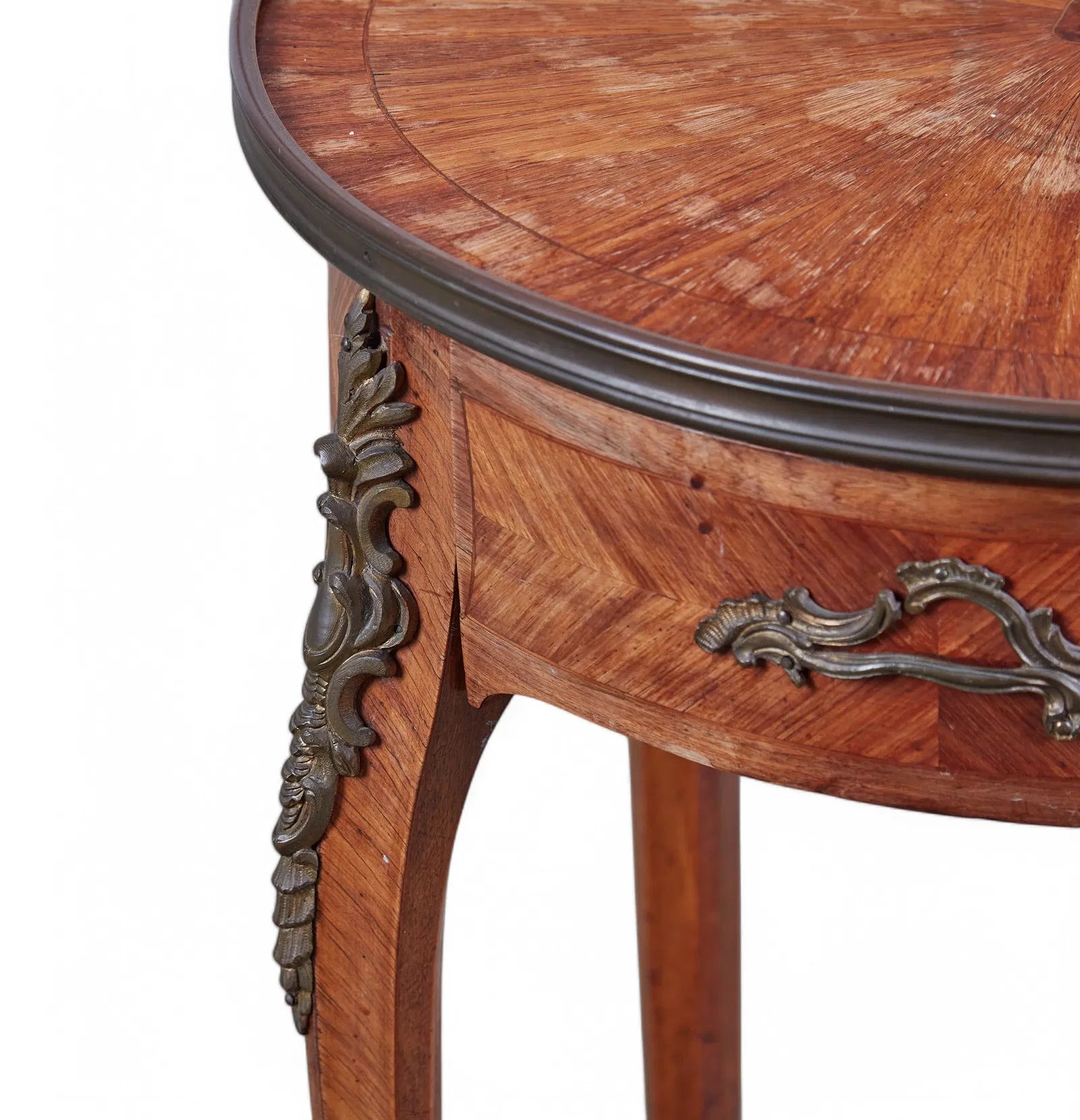 AF1-074: Antique Louis XV/XVI Transitional Tulip Wood Marquetry Salon Table Late 19th Century