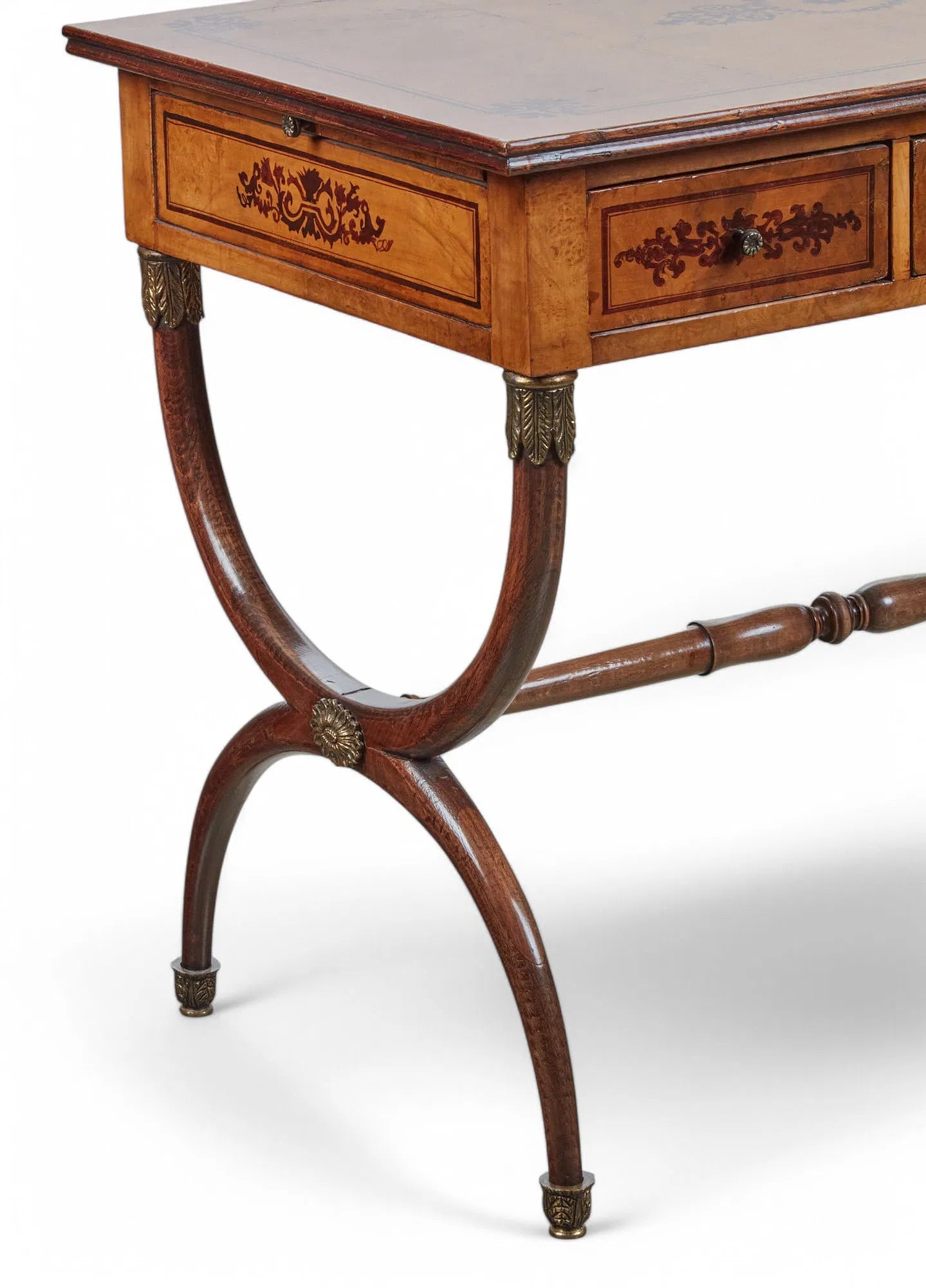 AF5-065: Antique Charles X Paint Decorated Burlwood Writing Table Late 19th Century