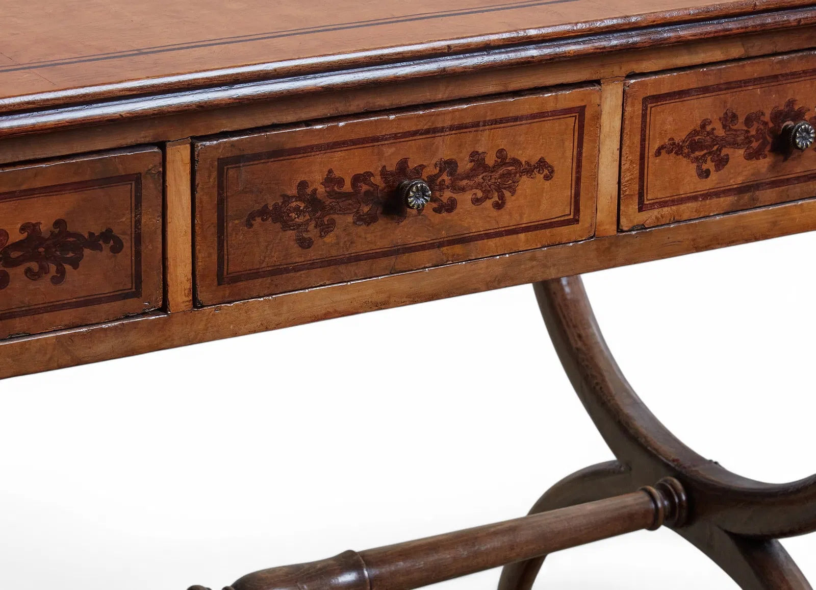 AF5-065: Antique Charles X Paint Decorated Burlwood Writing Table Late 19th Century