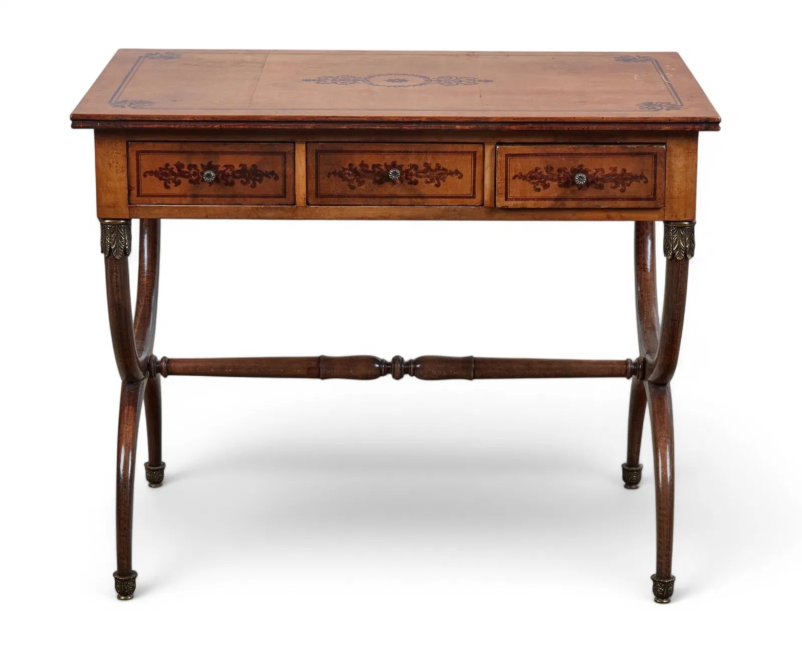 AF5-065: Antique Charles X Paint Decorated Burlwood Writing Table Late 19th Century