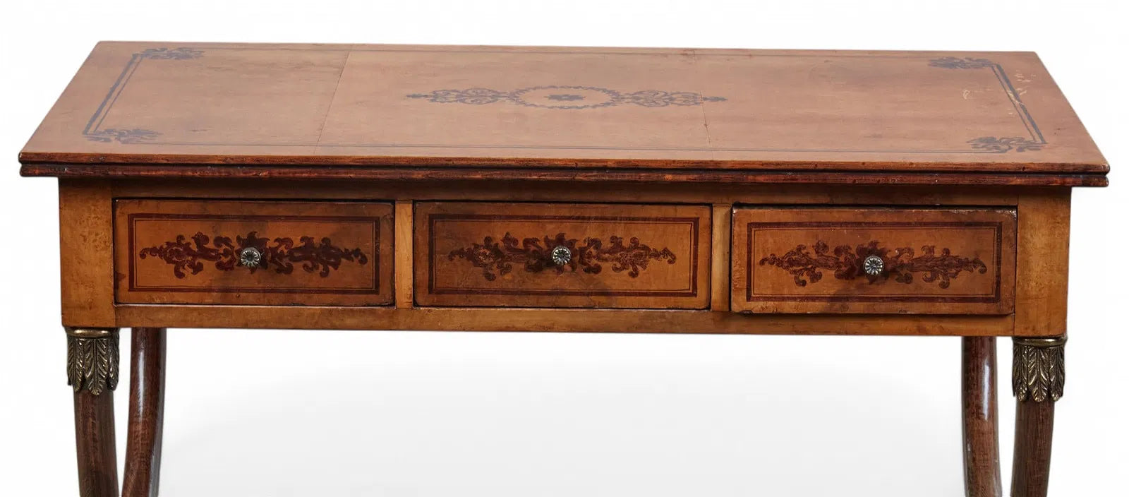 AF5-065: Antique Charles X Paint Decorated Burlwood Writing Table Late 19th Century