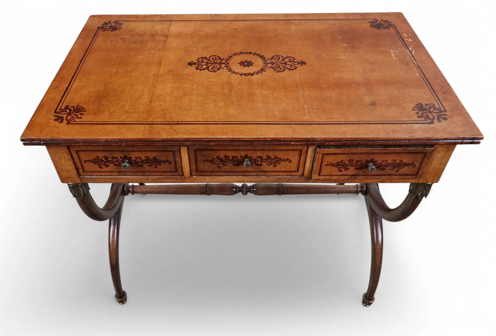 AF5-065: Antique Charles X Paint Decorated Burlwood Writing Table Late 19th Century