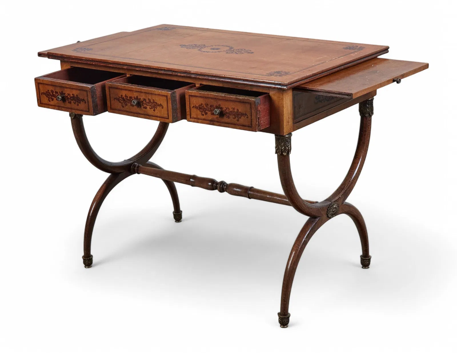 AF5-065: Antique Charles X Paint Decorated Burlwood Writing Table Late 19th Century