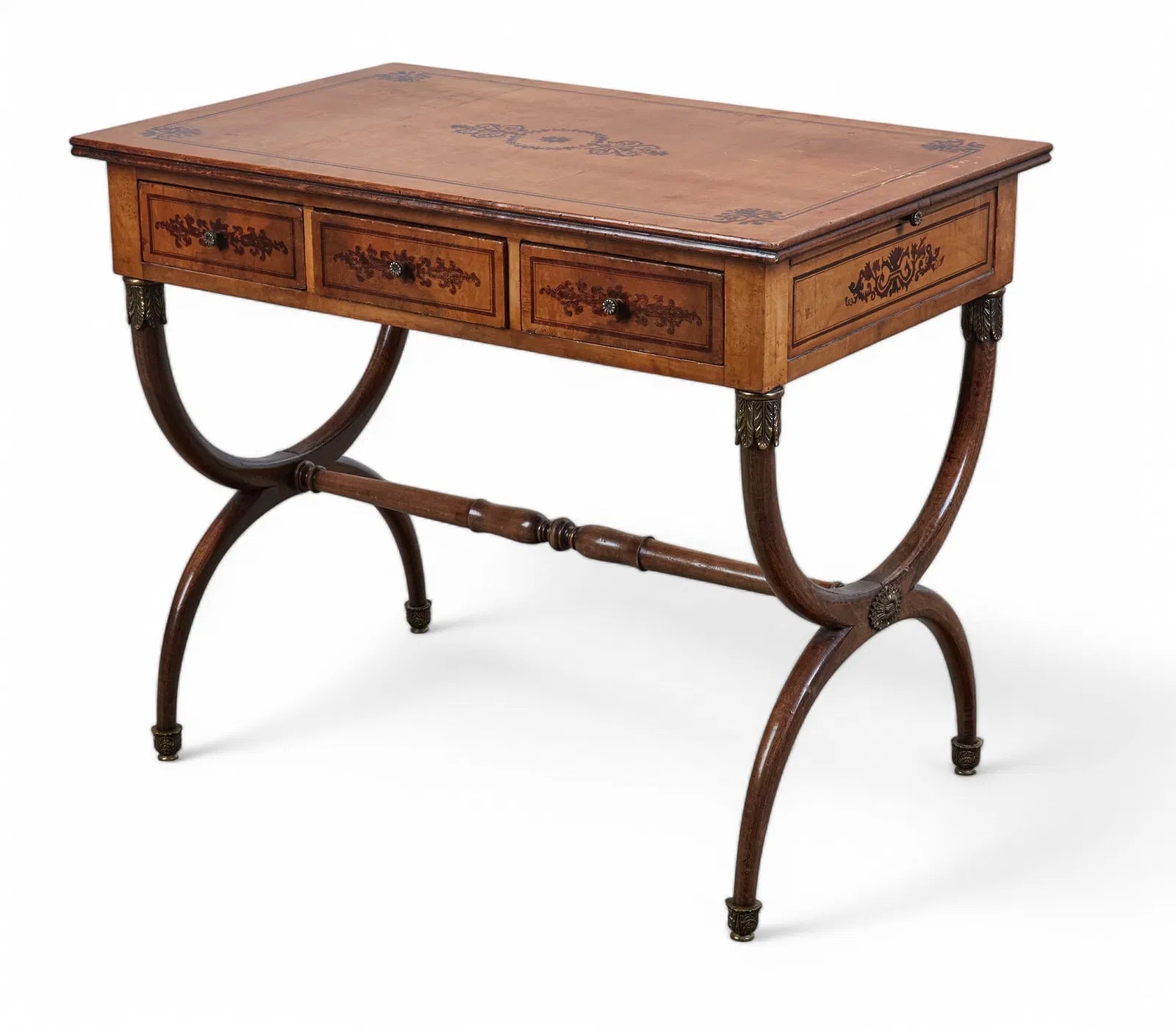 AF5-065: Antique Charles X Paint Decorated Burlwood Writing Table Late 19th Century