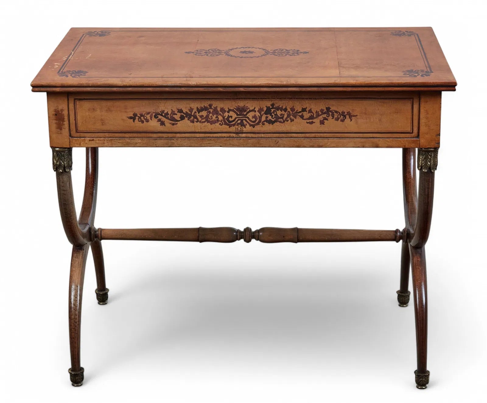 AF5-065: Antique Charles X Paint Decorated Burlwood Writing Table Late 19th Century