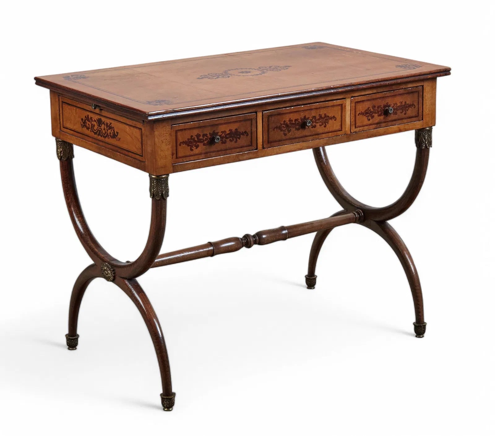 AF5-065: Antique Charles X Paint Decorated Burlwood Writing Table Late 19th Century