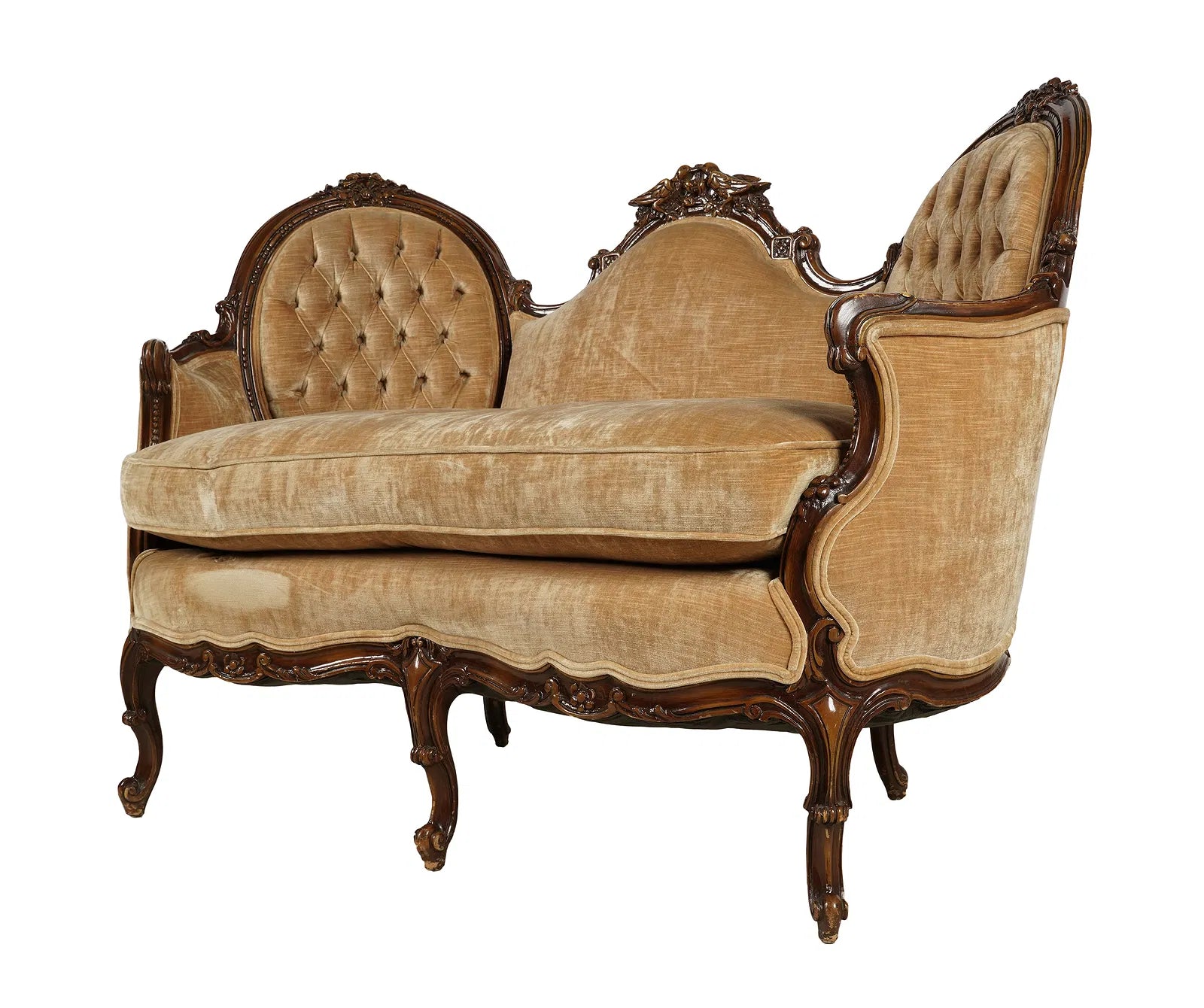 Antique Pair Victorian Walnut Settees With Velvet Upholstery | Work of Man