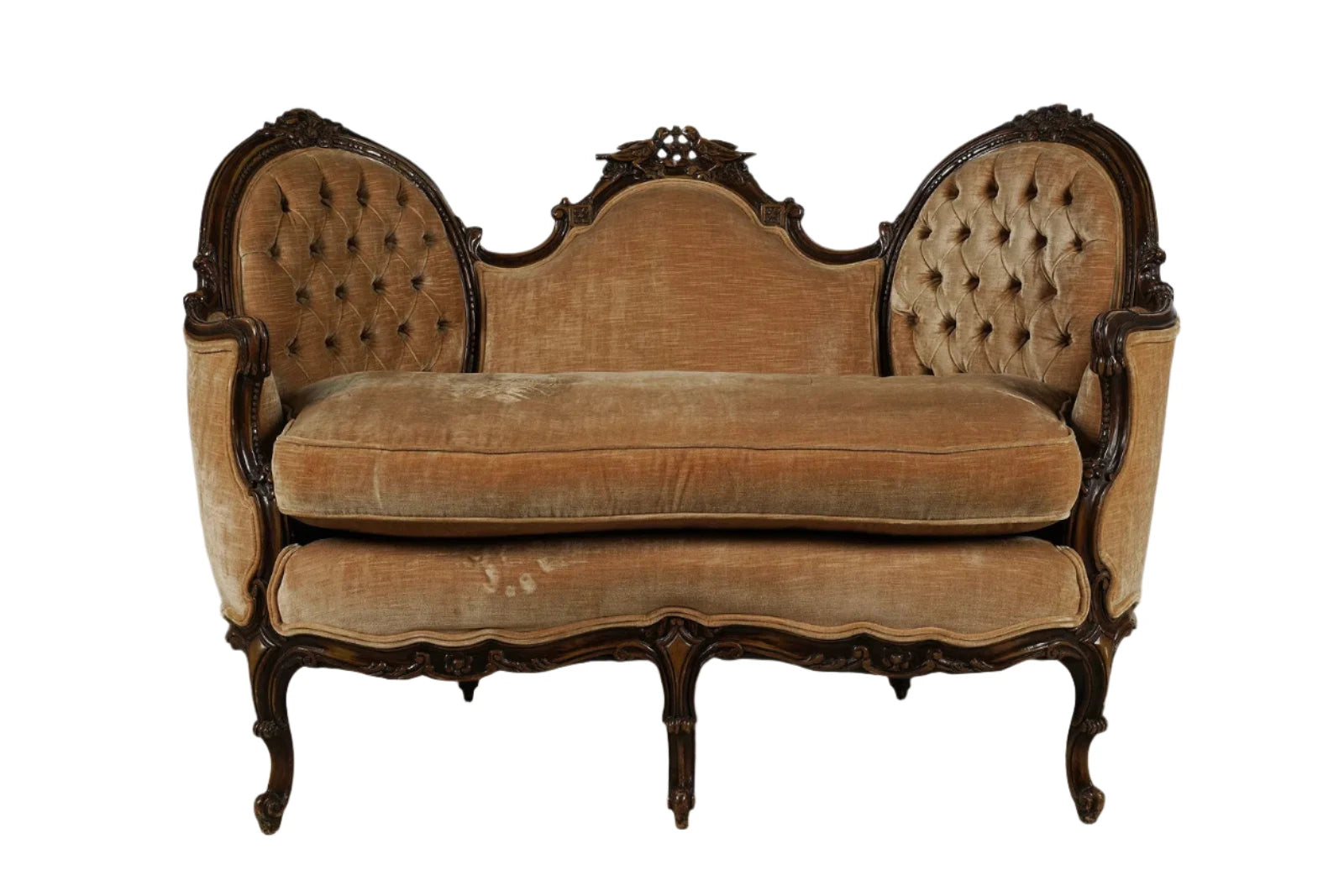 Antique Pair Victorian Walnut Settees With Velvet Upholstery | Work of Man