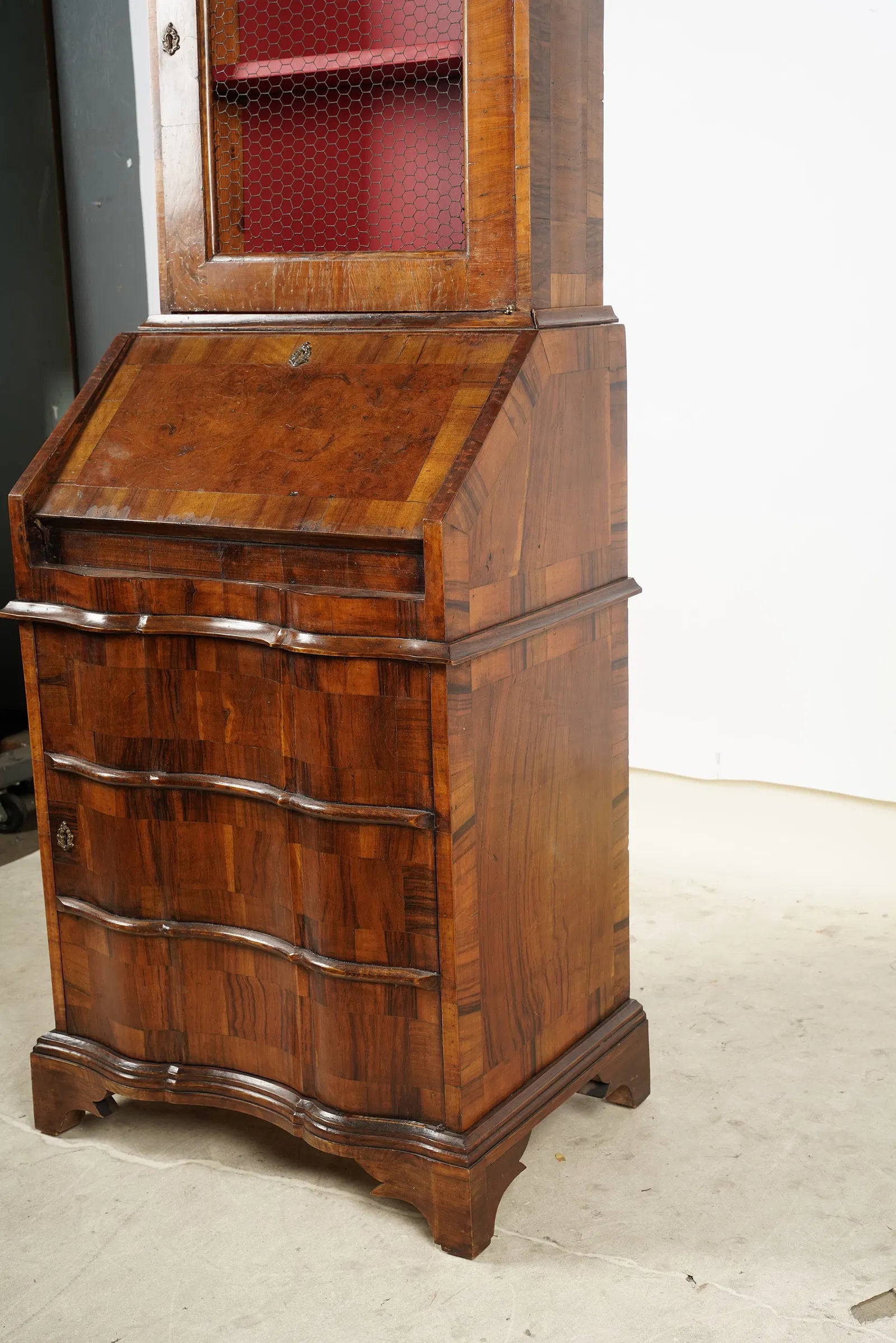 AF5-043: Antique Italian Marquetry Slant Front Secretary Bookcase