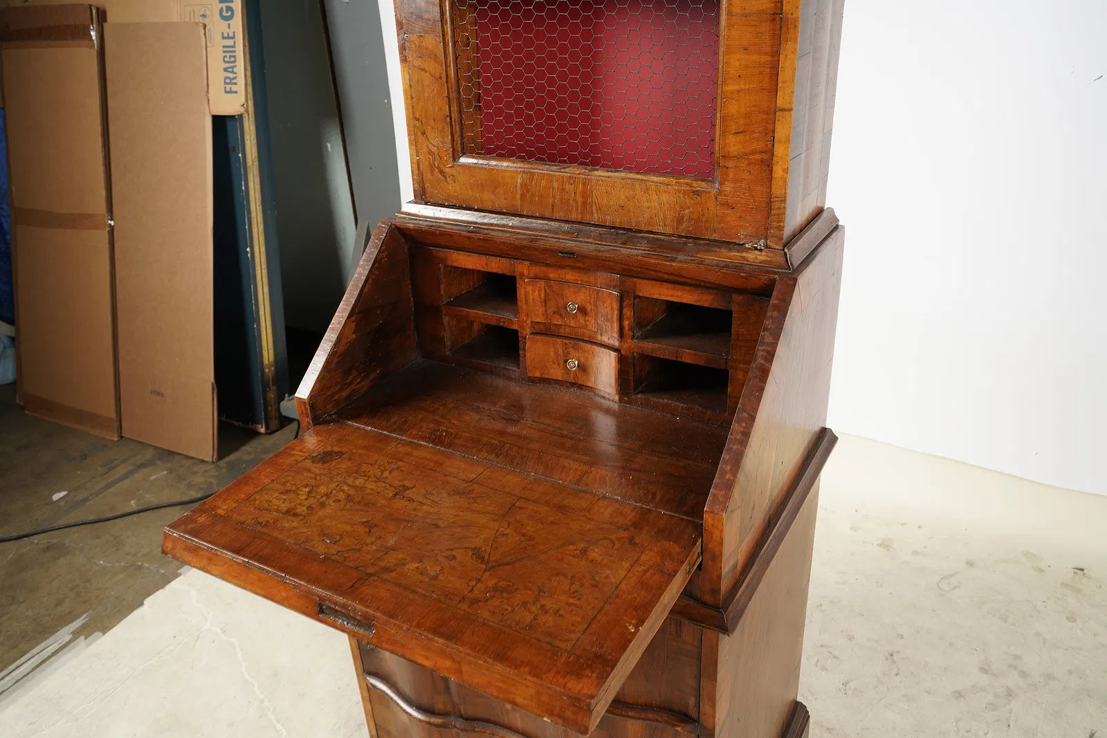 AF5-043: Antique Italian Marquetry Slant Front Secretary Bookcase