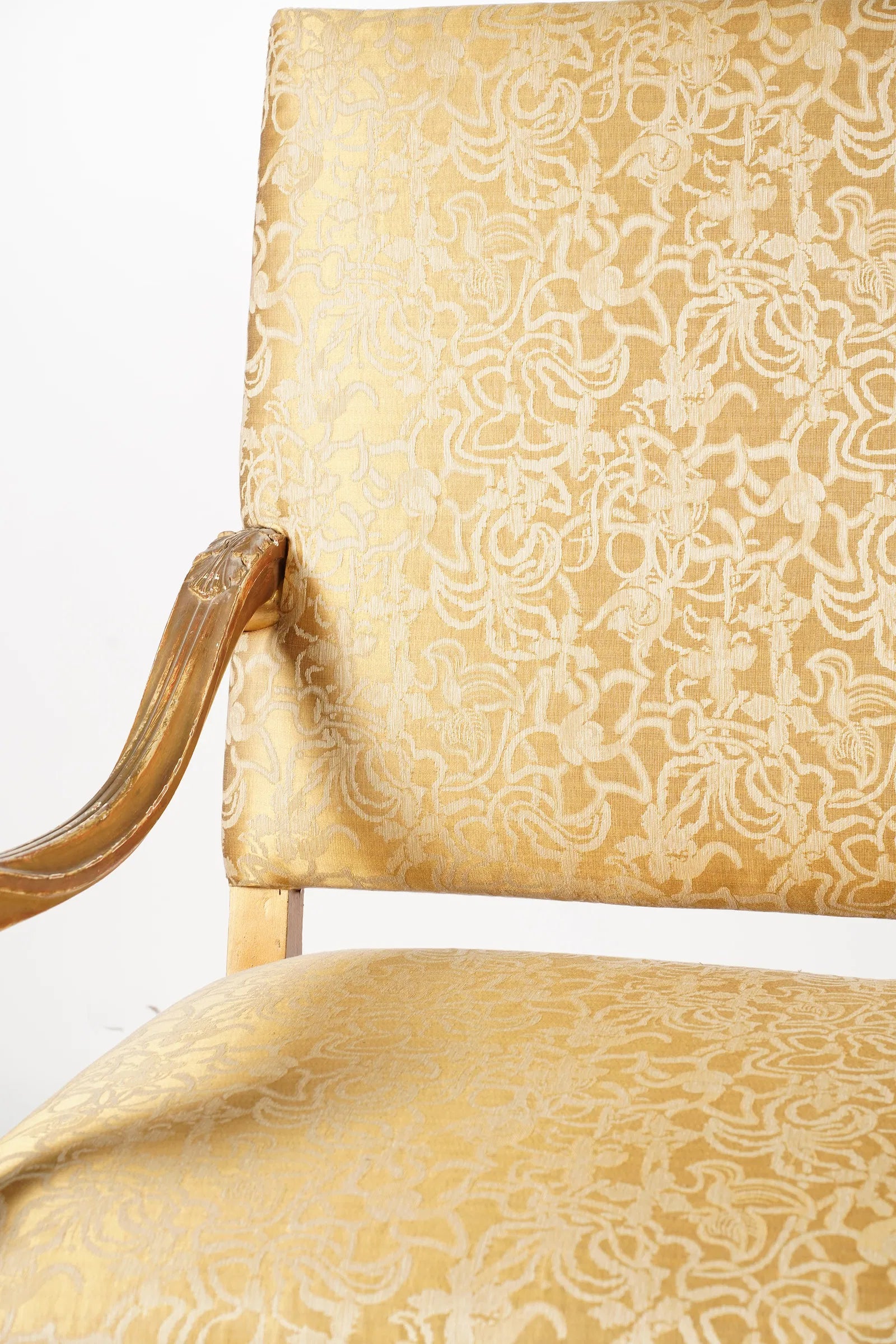 AF2-059: Antique Italian Baroque Giltwood Canape With Fortuny Fabric Late 19th Century