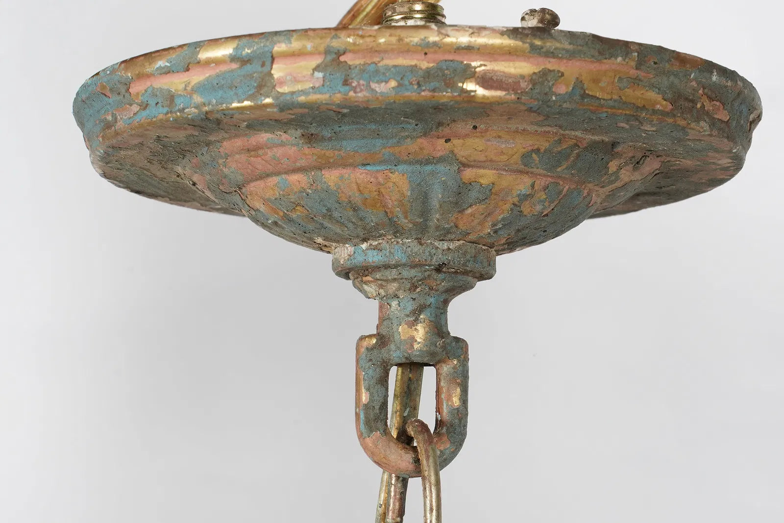 AL1-018: Antique Distressed Painted Iron Chandelier With Wooden Beads and Drops Mid 20th Century