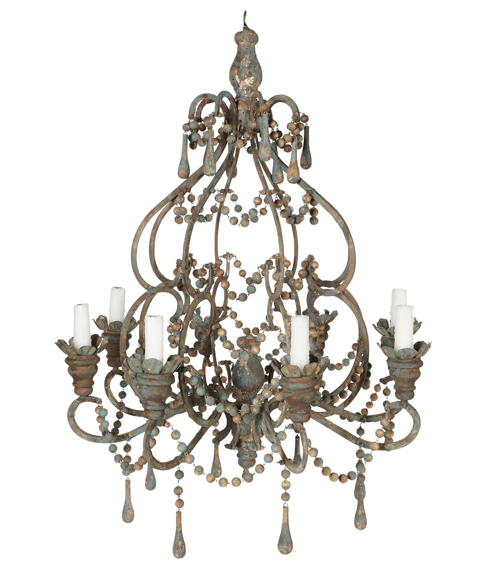 Antique Distressed Painted Iron Chandelier With Wooden Beads and Drops | Work of Man