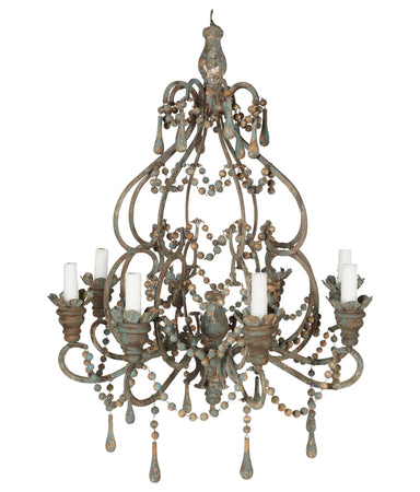 Antique Distressed Painted Iron Chandelier With Wooden Beads and Drops | Work of Man