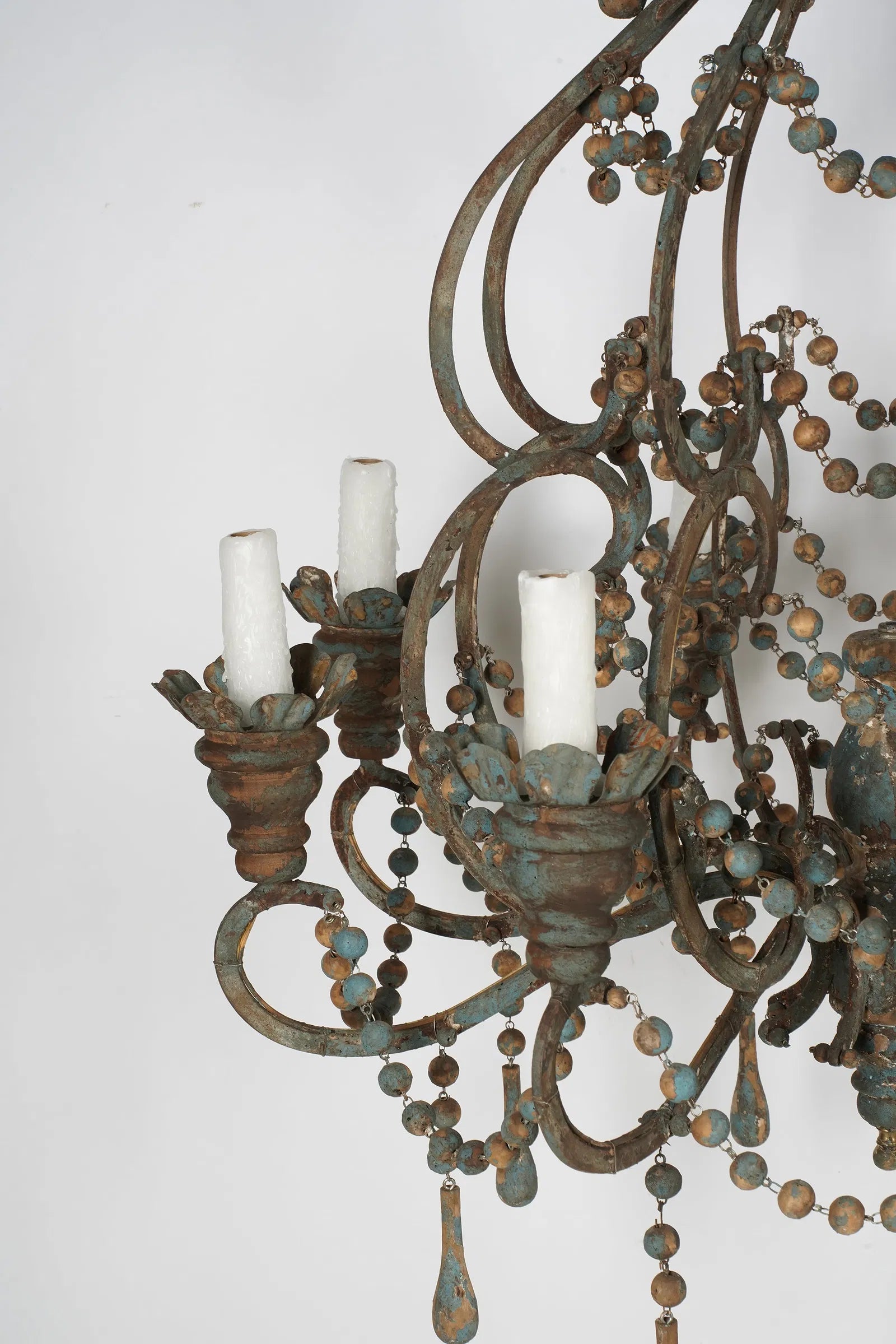 AL1-018: Antique Distressed Painted Iron Chandelier With Wooden Beads and Drops Mid 20th Century