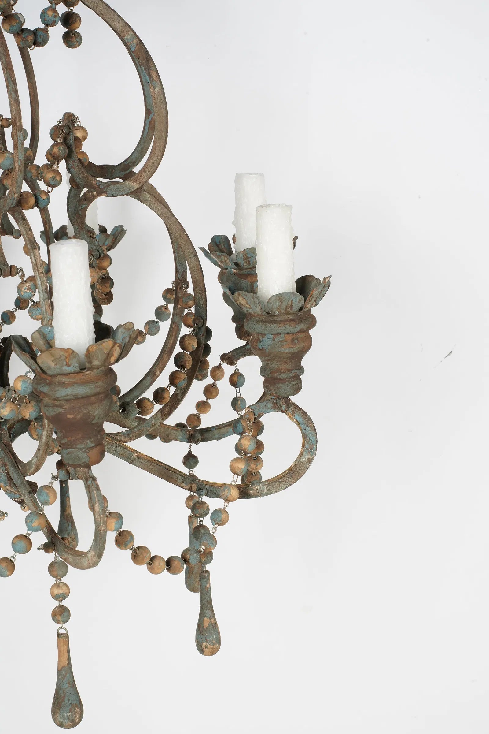 AL1-018: Antique Distressed Painted Iron Chandelier With Wooden Beads and Drops Mid 20th Century