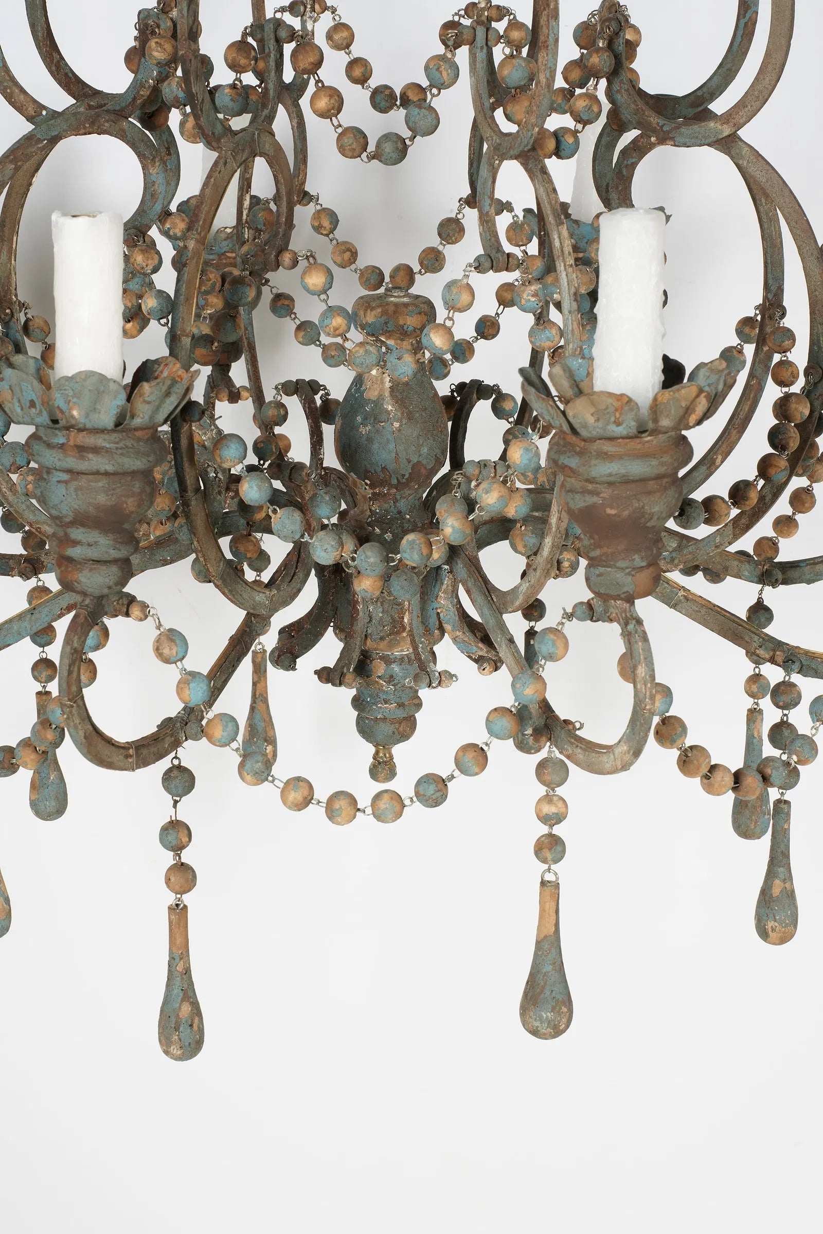 AL1-018: Antique Distressed Painted Iron Chandelier With Wooden Beads and Drops Mid 20th Century