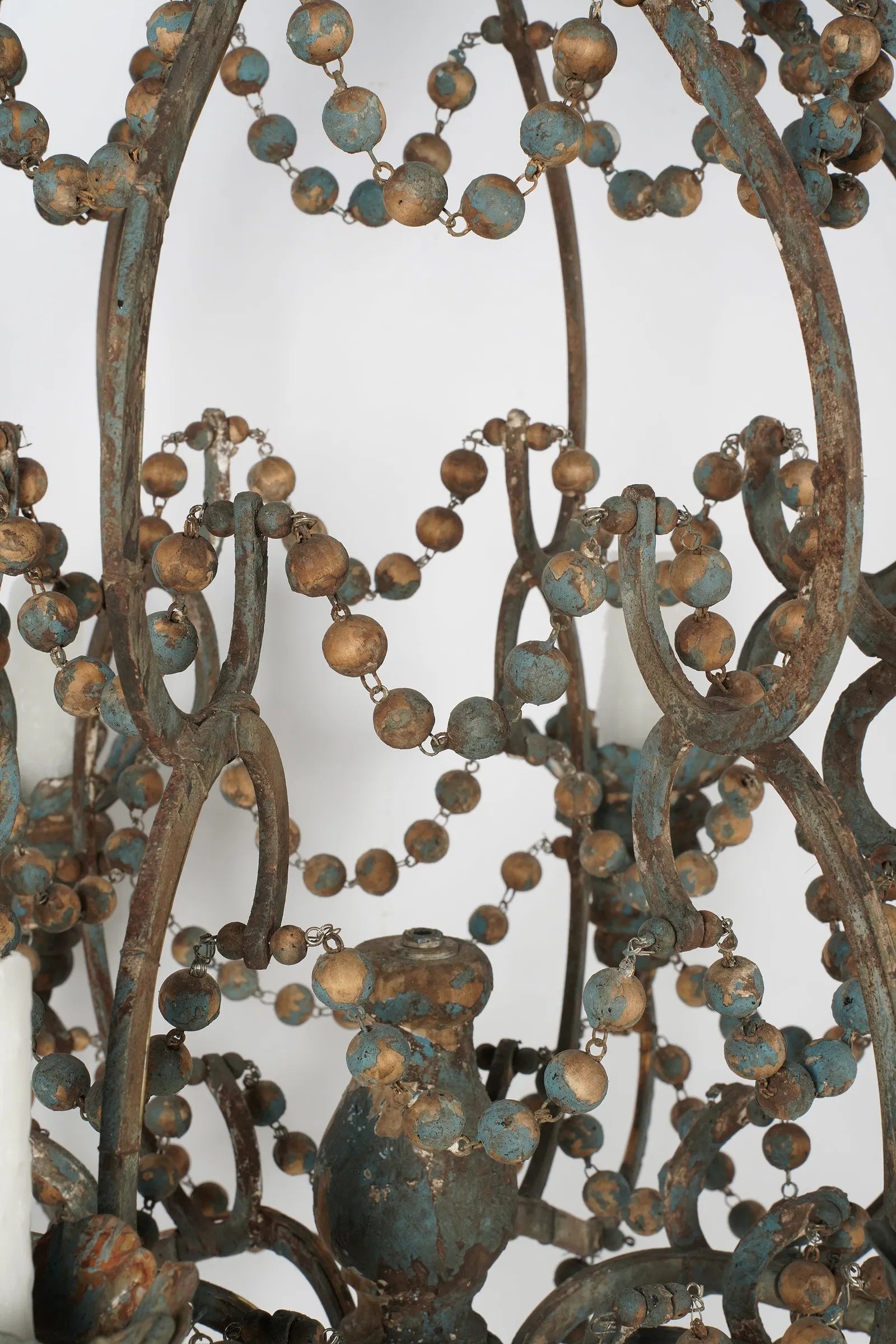 AL1-018: Antique Distressed Painted Iron Chandelier With Wooden Beads and Drops Mid 20th Century