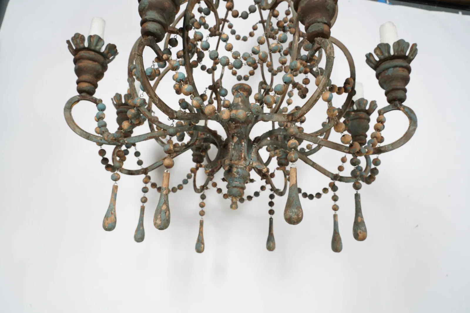 AL1-018: Antique Distressed Painted Iron Chandelier With Wooden Beads and Drops Mid 20th Century