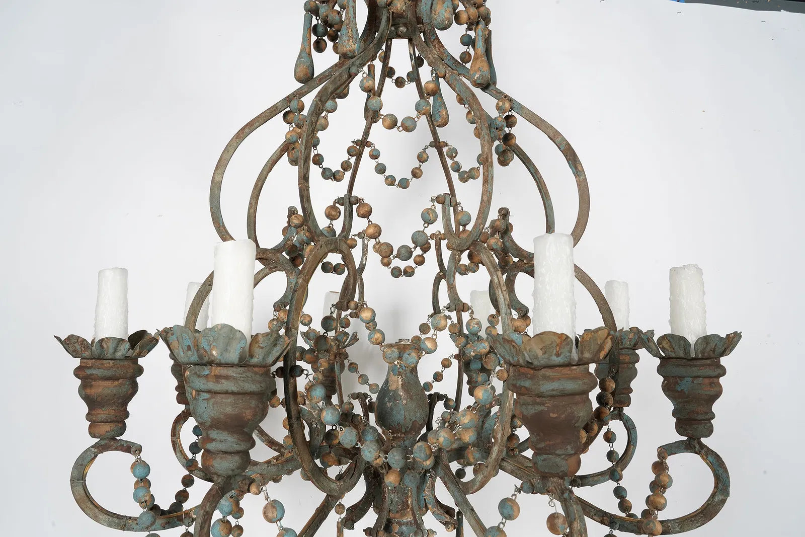 AL1-018: Antique Distressed Painted Iron Chandelier With Wooden Beads and Drops Mid 20th Century