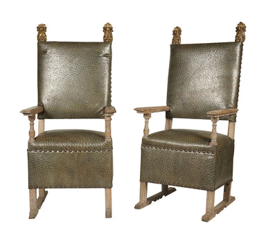 Antique  Spanish Colonial Carved Walnut Throne Hall Chairs | Work of Man