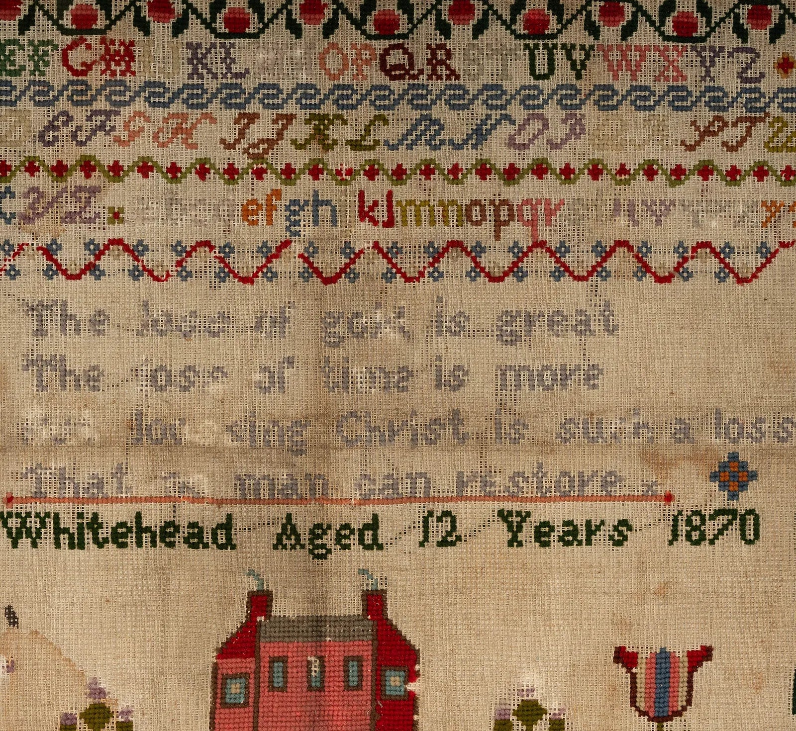 TX2-004: Antique Australian Needlepoint Sampler Jane Whitehead 1870