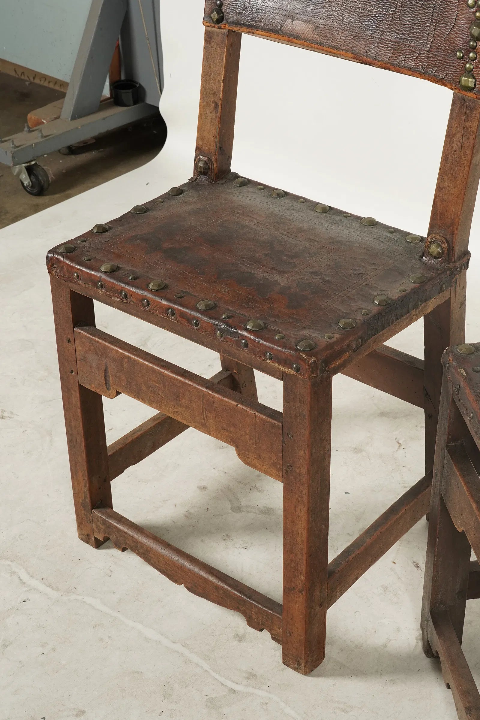 AF2-074: Antique Pair Spanish Colonial Tooled Leather Walnut Side Chairs Early 19th Century