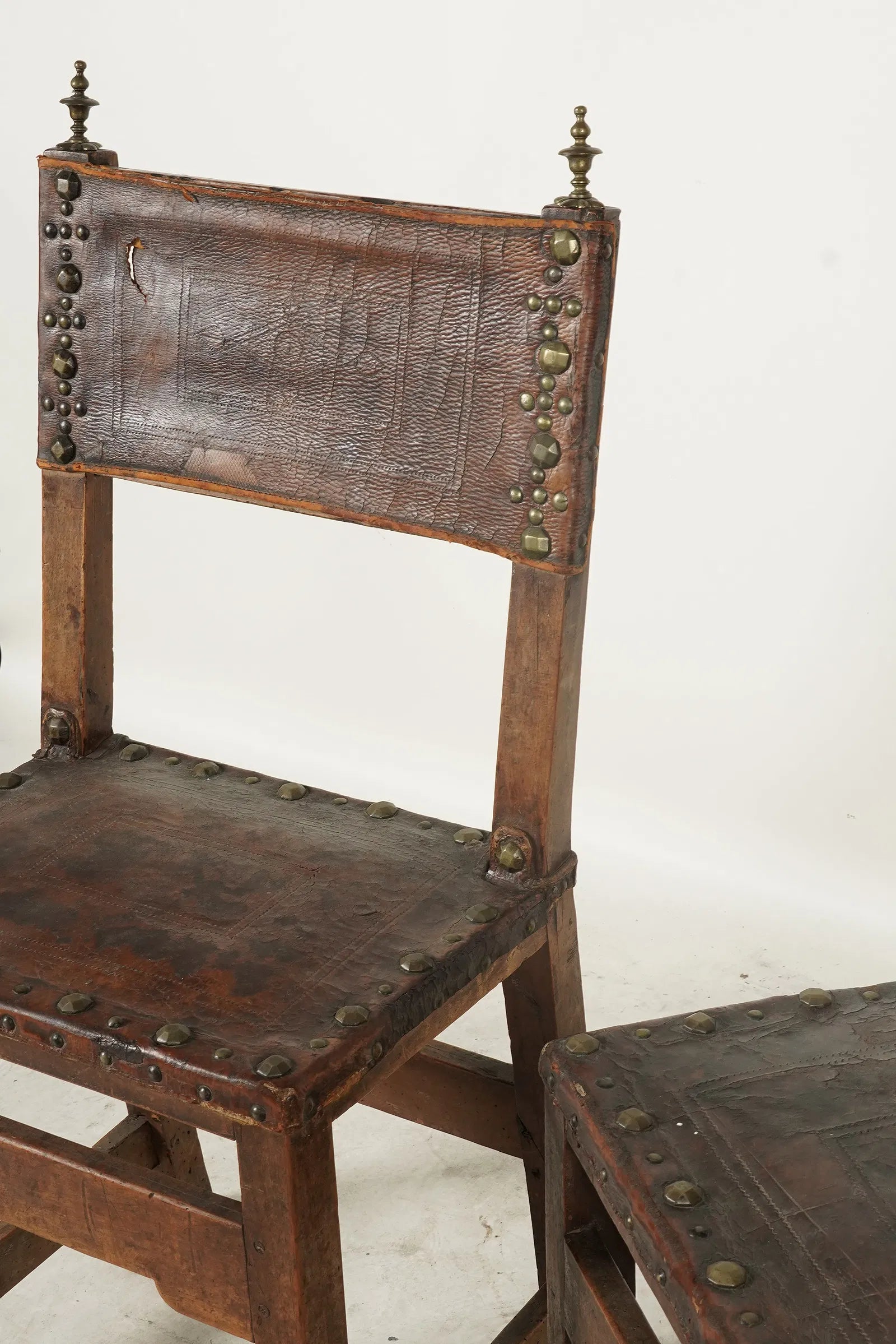 AF2-074: Antique Pair Spanish Colonial Tooled Leather Walnut Side Chairs Early 19th Century