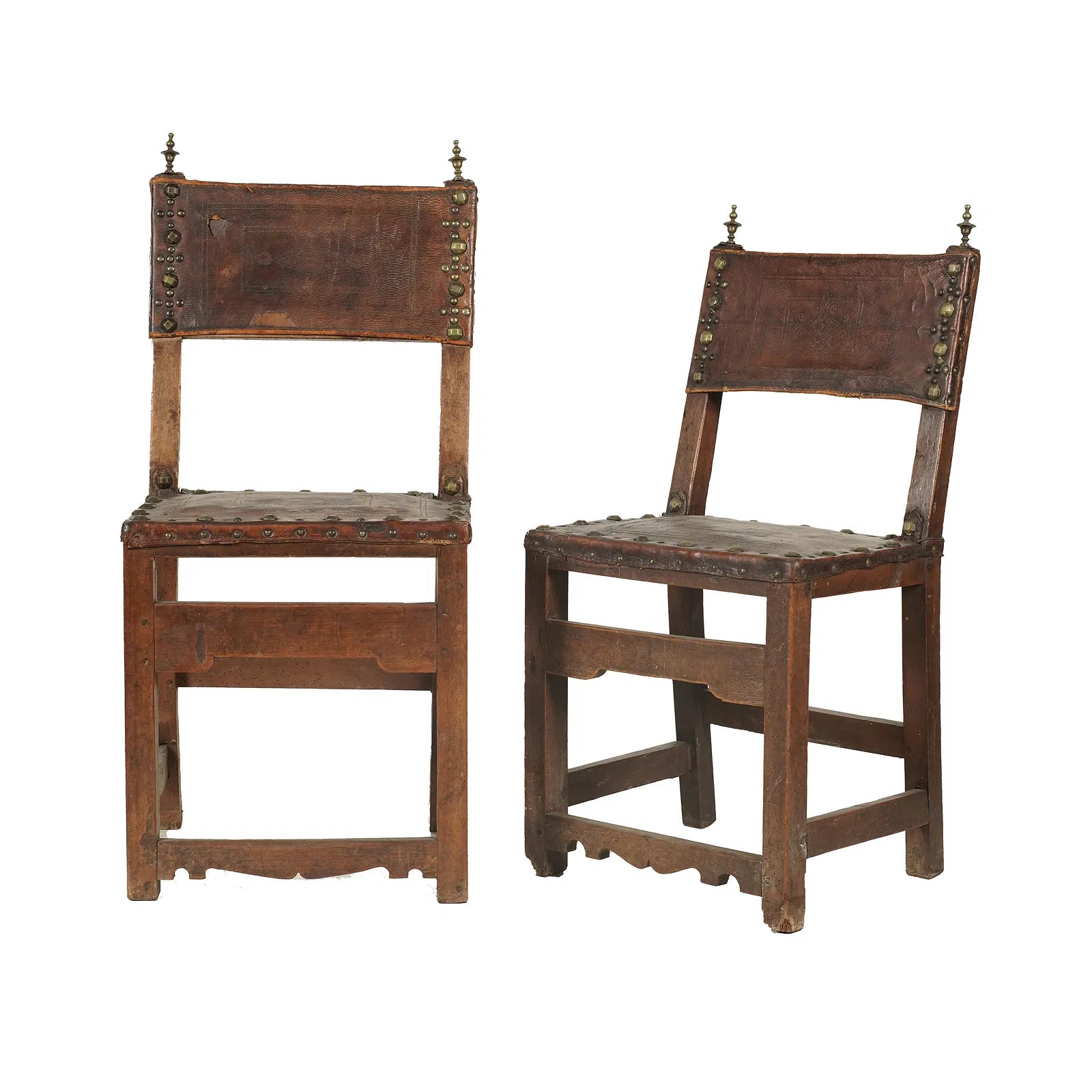 Antique Pair Spanish Colonial Tooled Leather Walnut Side Chairs | Work of Man