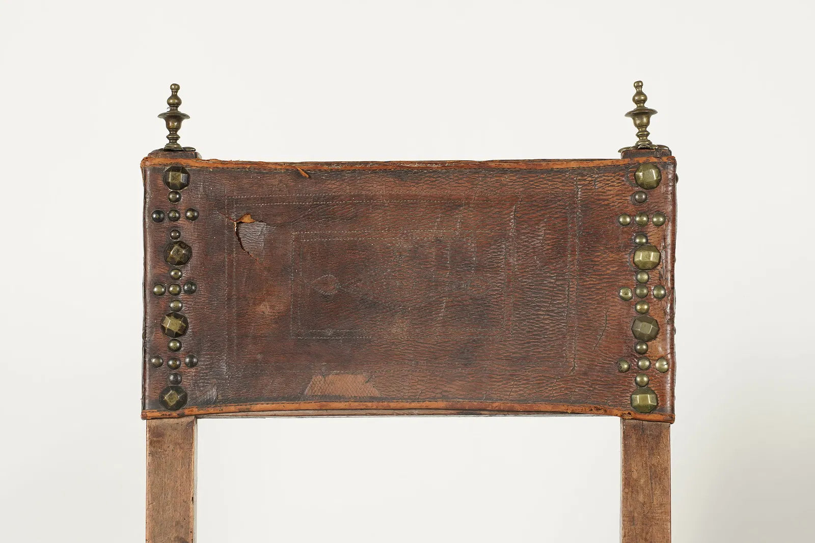 AF2-074: Antique Pair Spanish Colonial Tooled Leather Walnut Side Chairs Early 19th Century