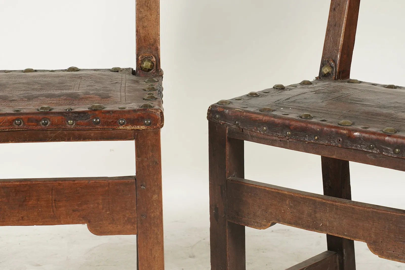 AF2-074: Antique Pair Spanish Colonial Tooled Leather Walnut Side Chairs Early 19th Century