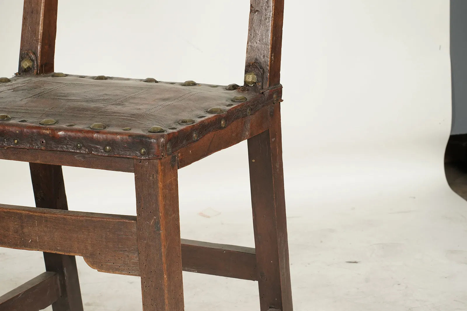 AF2-074: Antique Pair Spanish Colonial Tooled Leather Walnut Side Chairs Early 19th Century