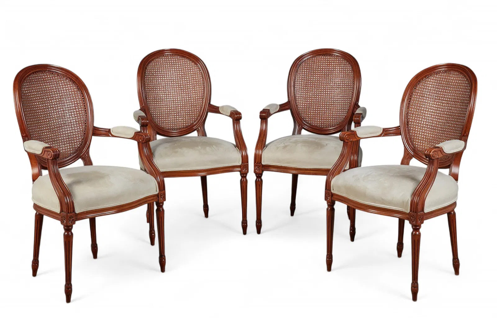 Modern Louis XVI Style Cane Back Fauteuils Set of Four | Work of Man