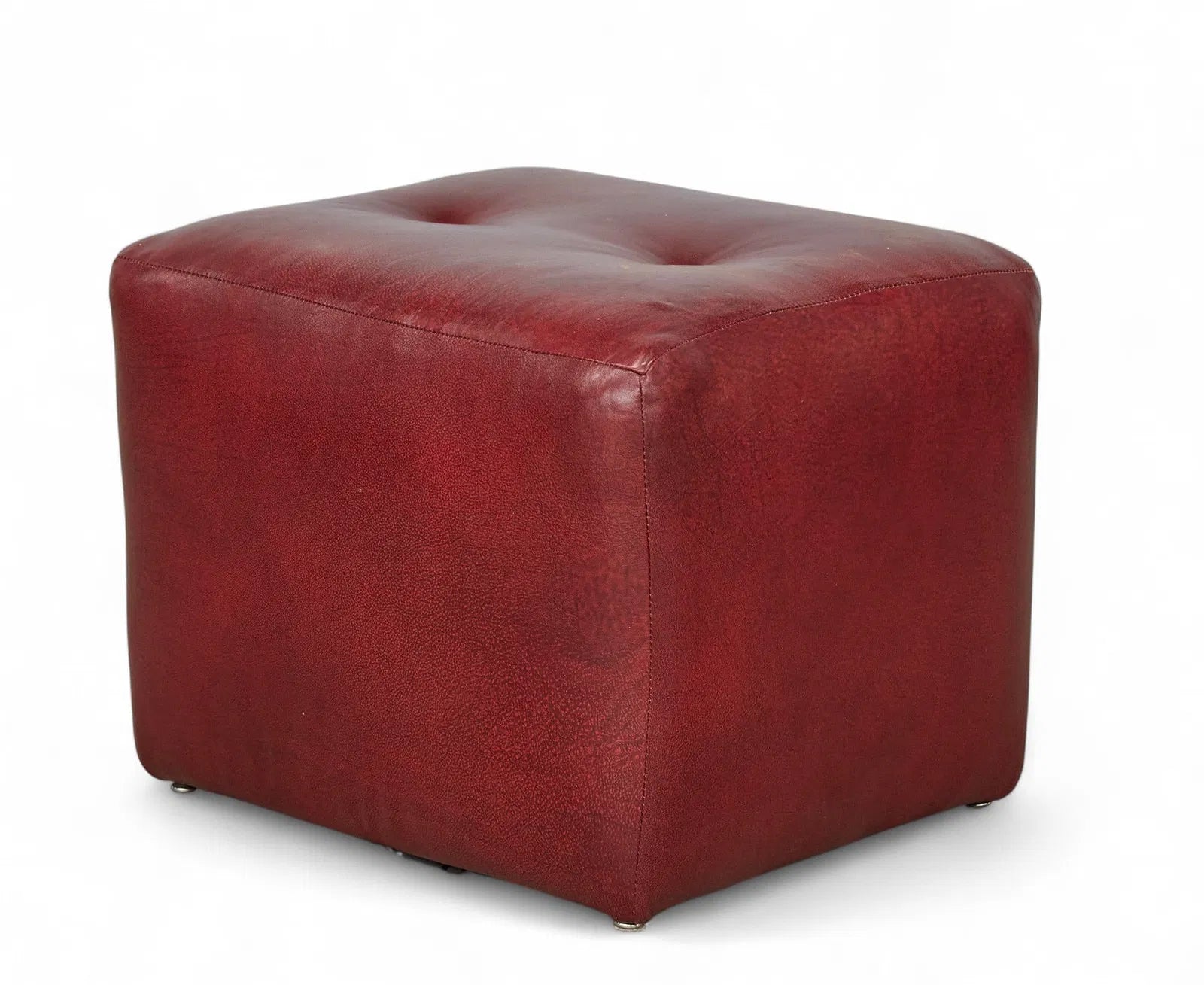 AF2-087: Vintage Red Leather Tufted Pouf Ottoman