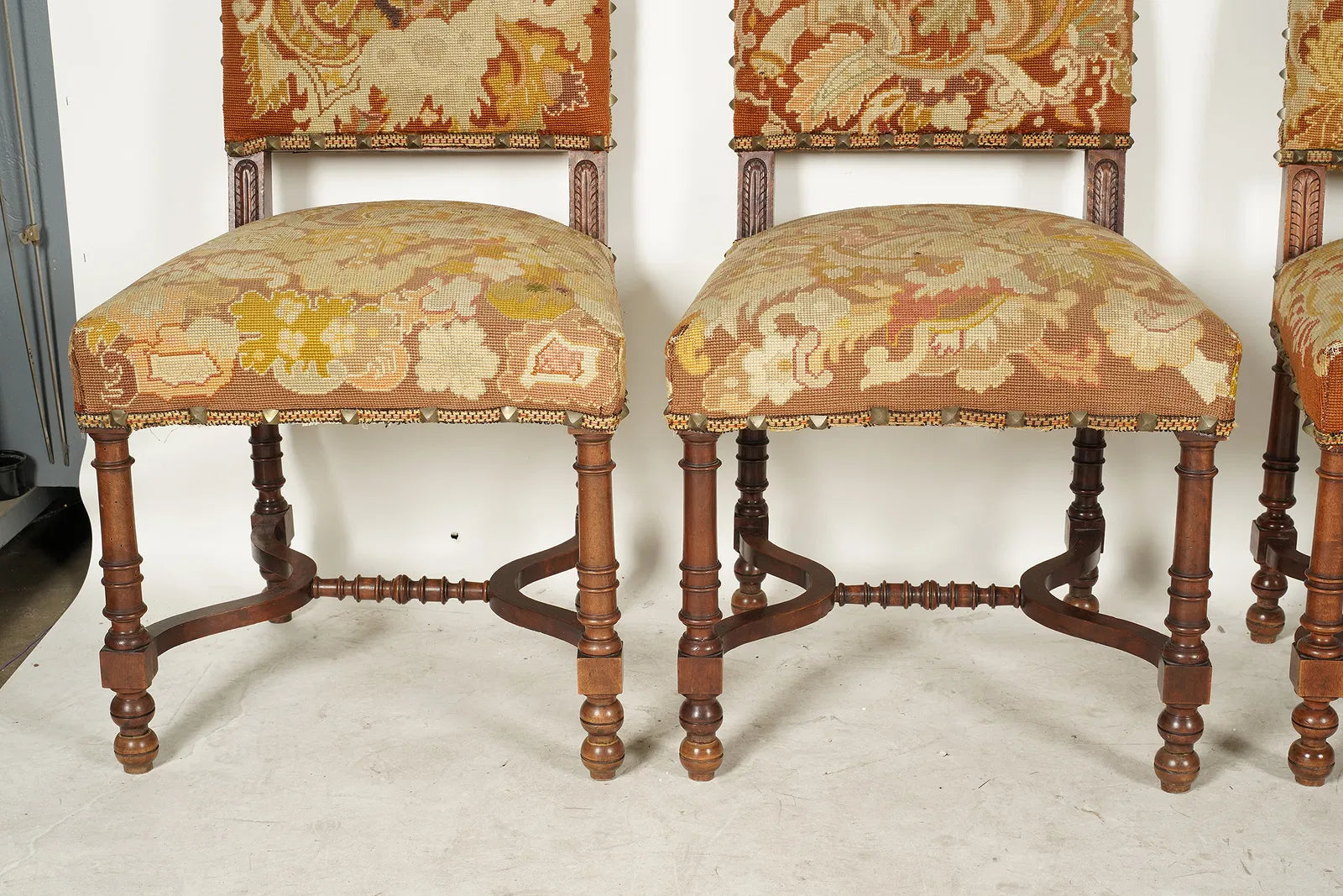 AF2-076: Antique Renaissance Revival Side Chairs With Needlepoint Upholstery Set of Four Late 19th Century