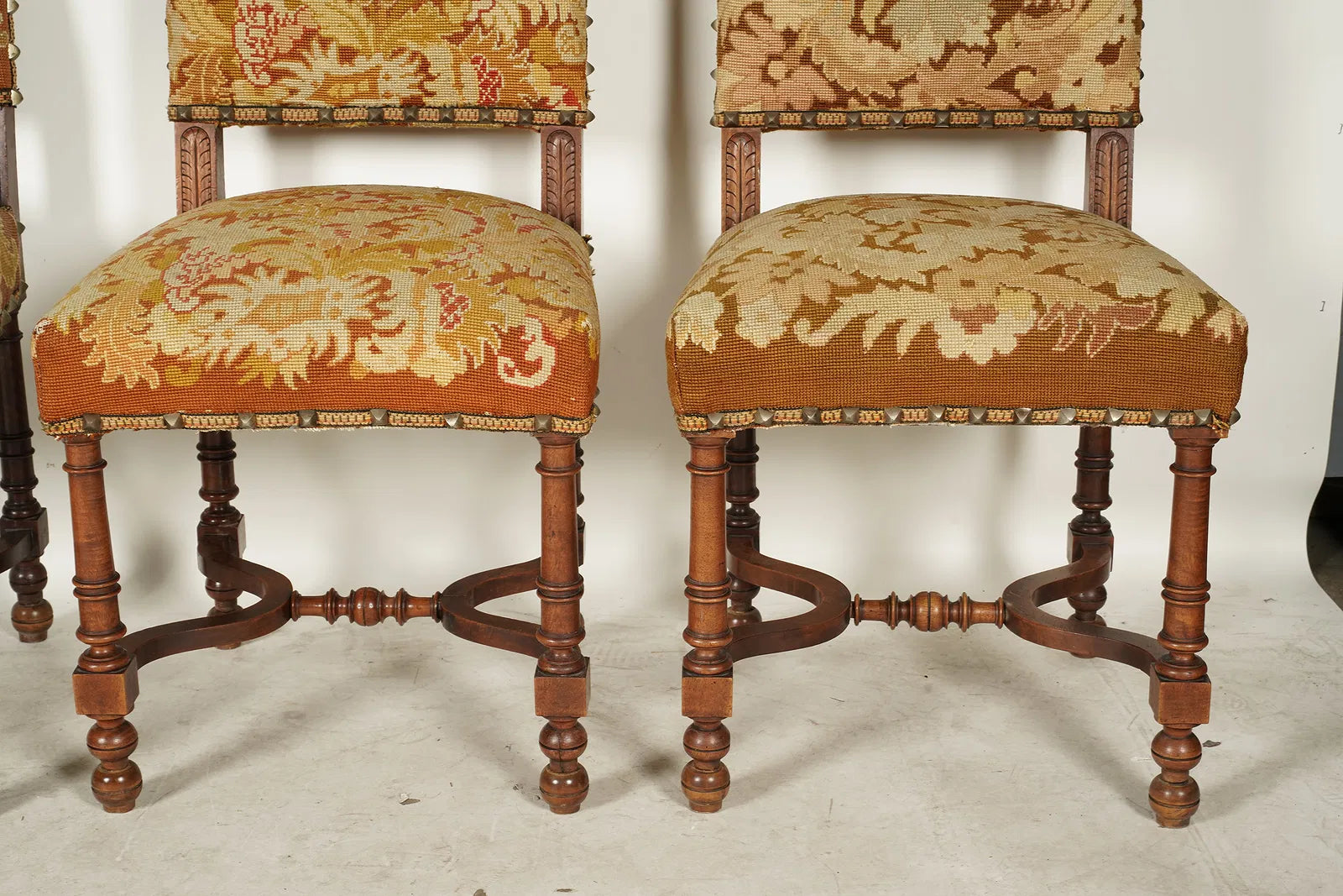 AF2-076: Antique Renaissance Revival Side Chairs With Needlepoint Upholstery Set of Four Late 19th Century