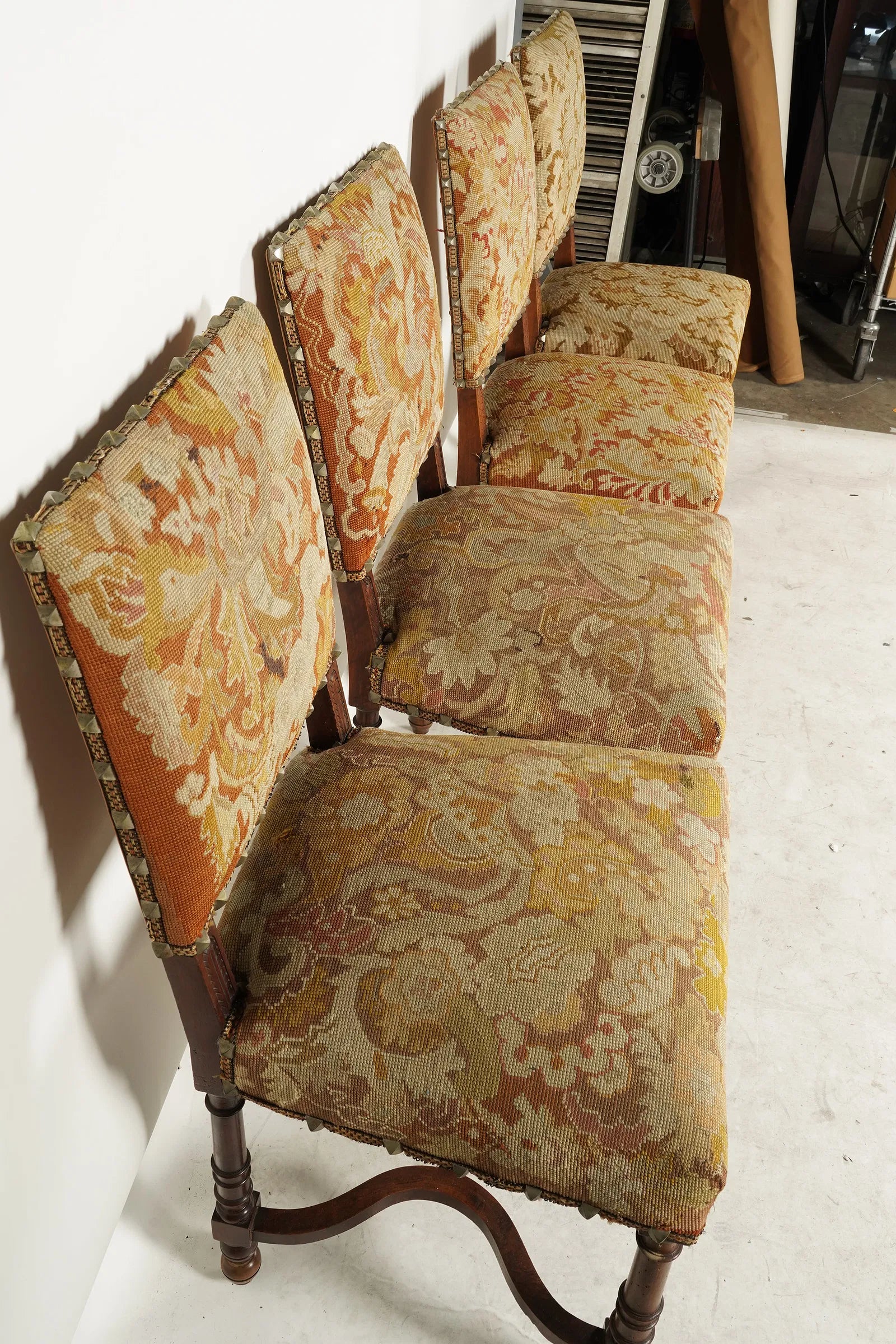 AF2-076: Antique Renaissance Revival Side Chairs With Needlepoint Upholstery Set of Four Late 19th Century