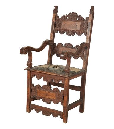 Antique Spanish Colonial Carved Walnut Inlay Arm Chair | Work of Man