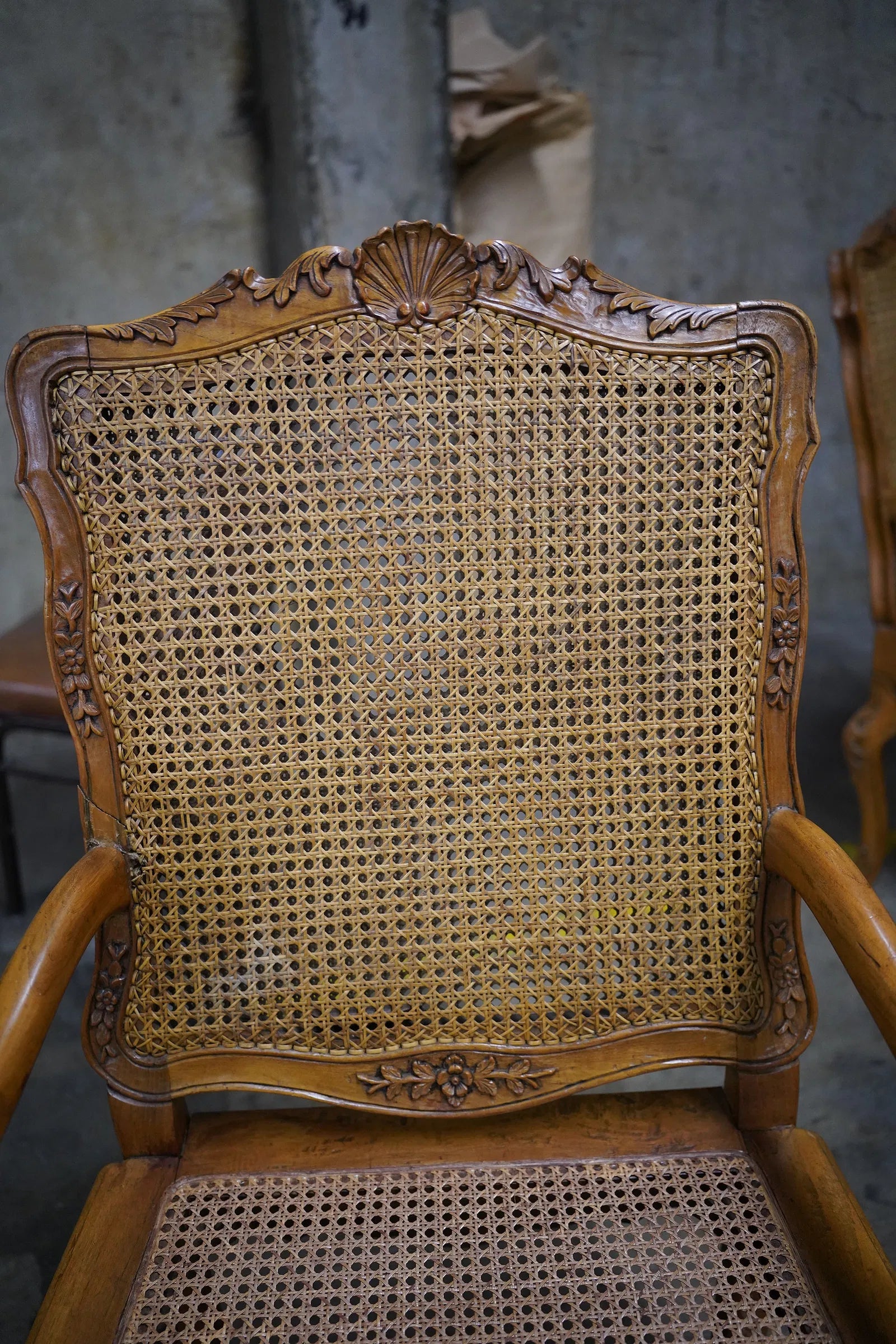 AF2-082: Antique Pair Carved Walnut Louis XV French Provincial Caned Fauteuils Late 19th Century
