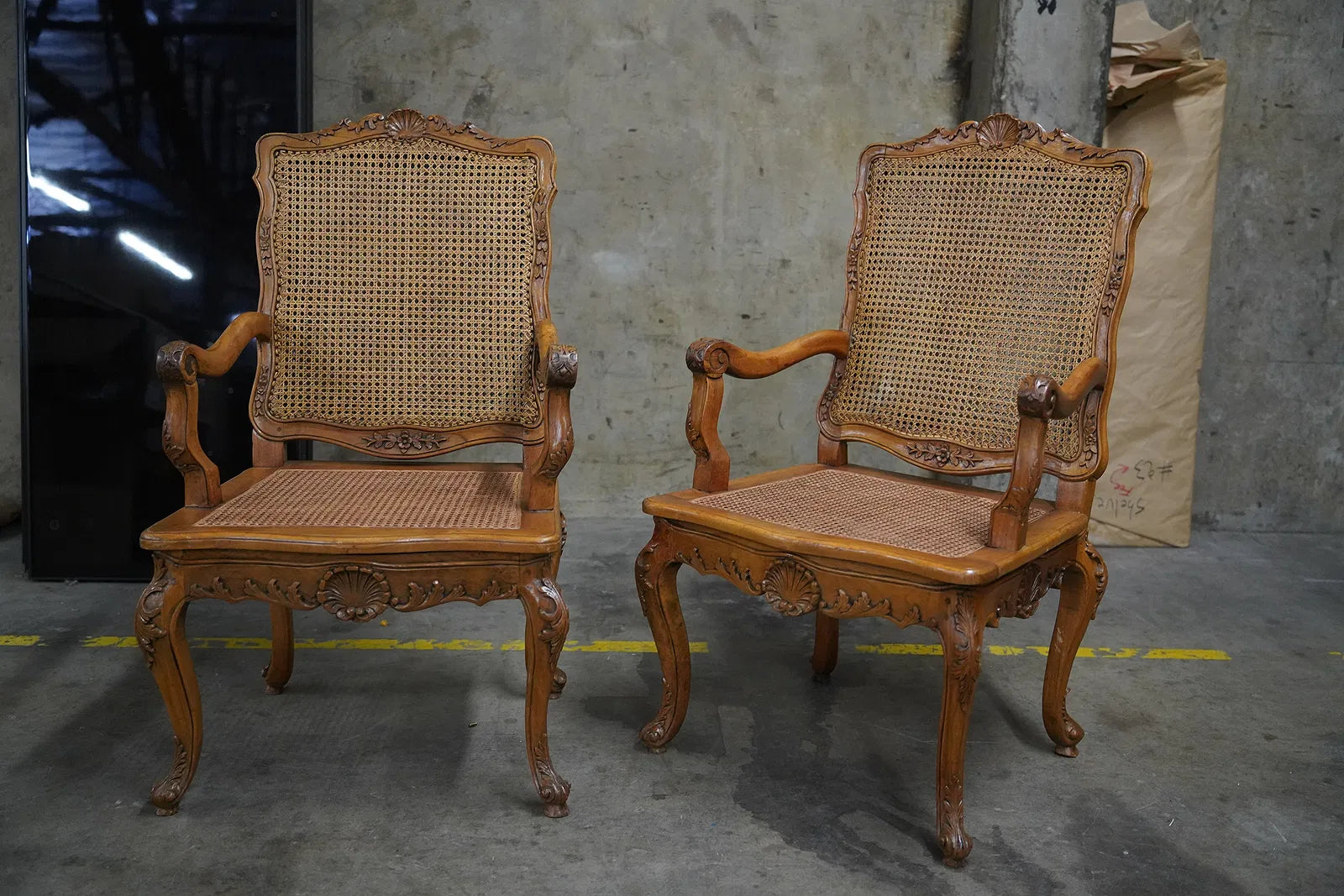 AF2-082: Antique Pair Carved Walnut Louis XV French Provincial Caned Fauteuils Late 19th Century