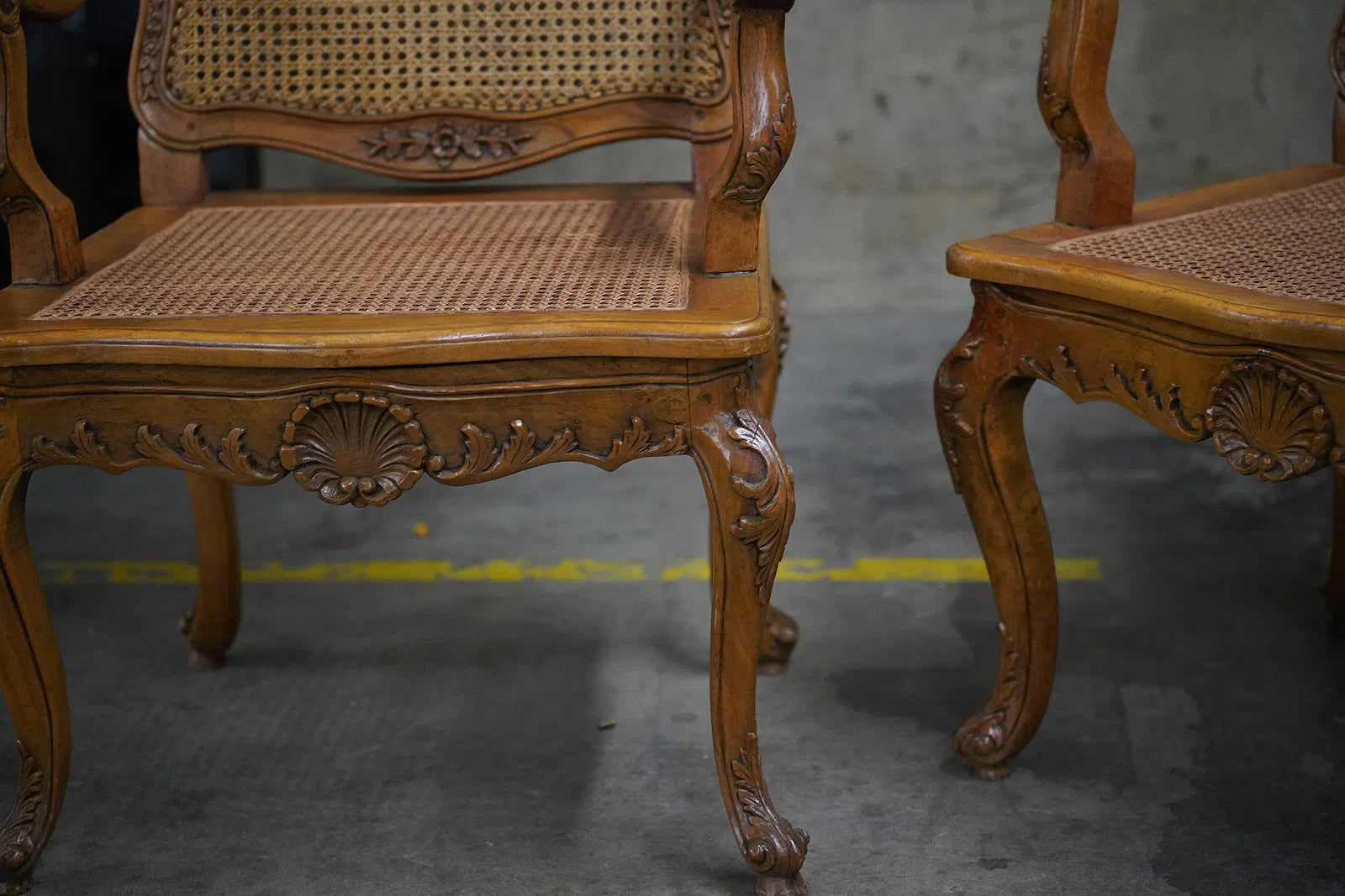 AF2-082: Antique Pair Carved Walnut Louis XV French Provincial Caned Fauteuils Late 19th Century