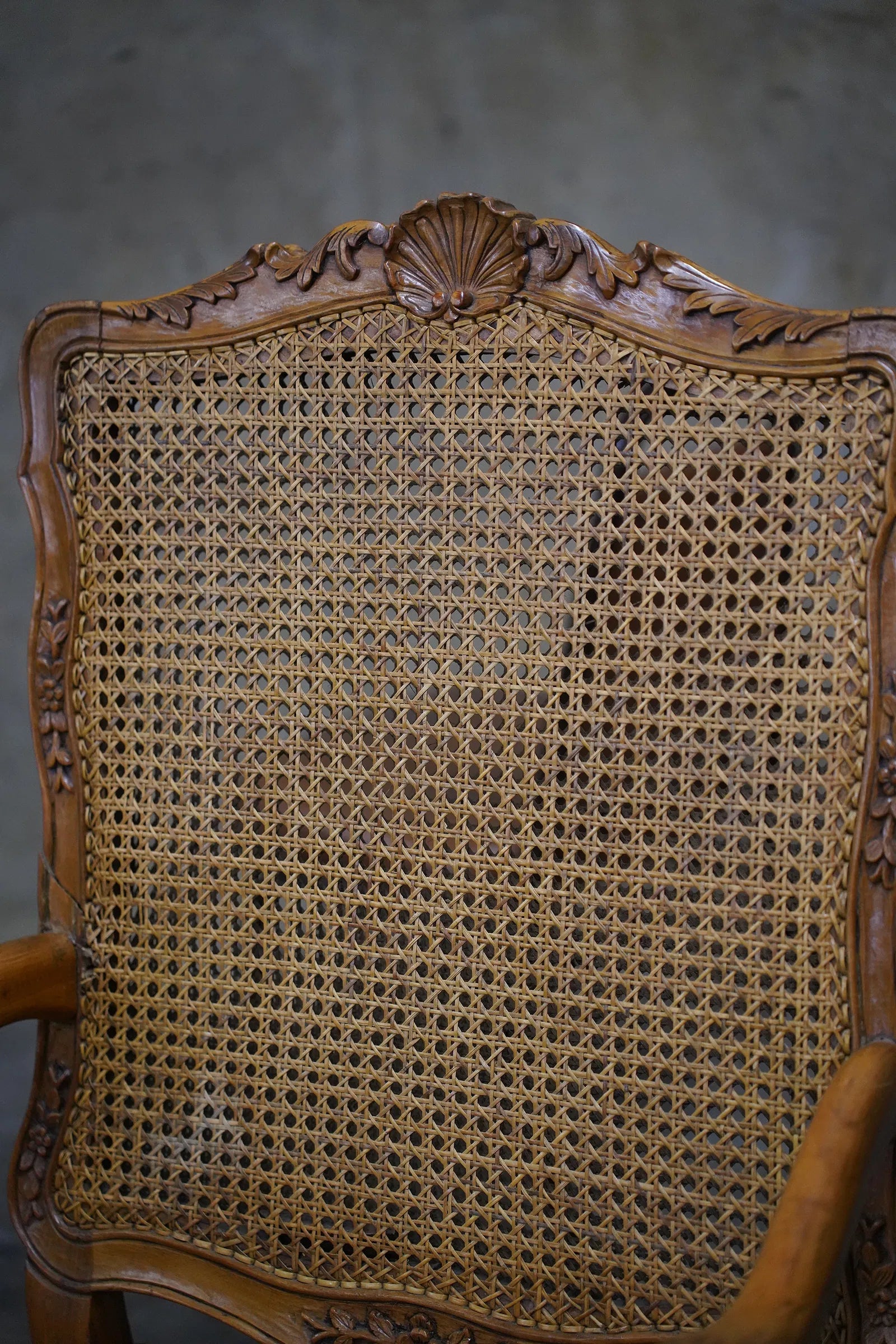 AF2-082: Antique Pair Carved Walnut Louis XV French Provincial Caned Fauteuils Late 19th Century