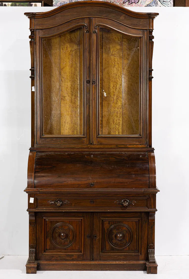 AF5-052: Antique American Victorian Rosewood Birdseye Maple Secretary Bookcase