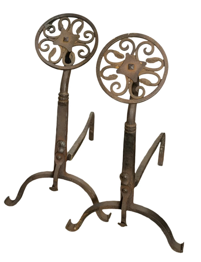 Antique Pair of Spanish Colonial Revival Hand Forged Iron Andirons Late 19th Century | Work of Man