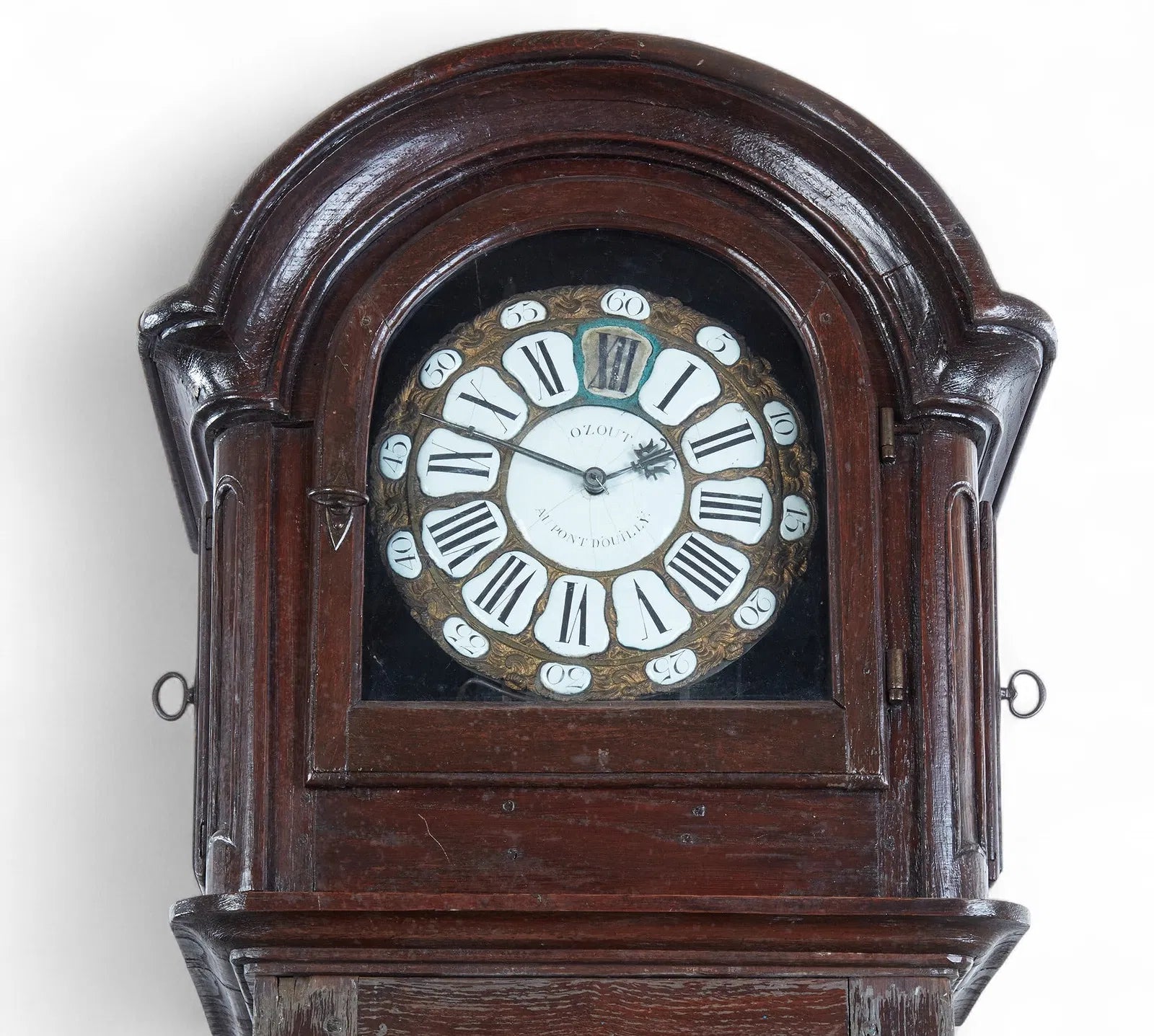 TK1-010: Antique Louis XV Provincial Oak Regulateur Tall Case Clock, Ozout, Pont-dOuilly  Late 18th Century