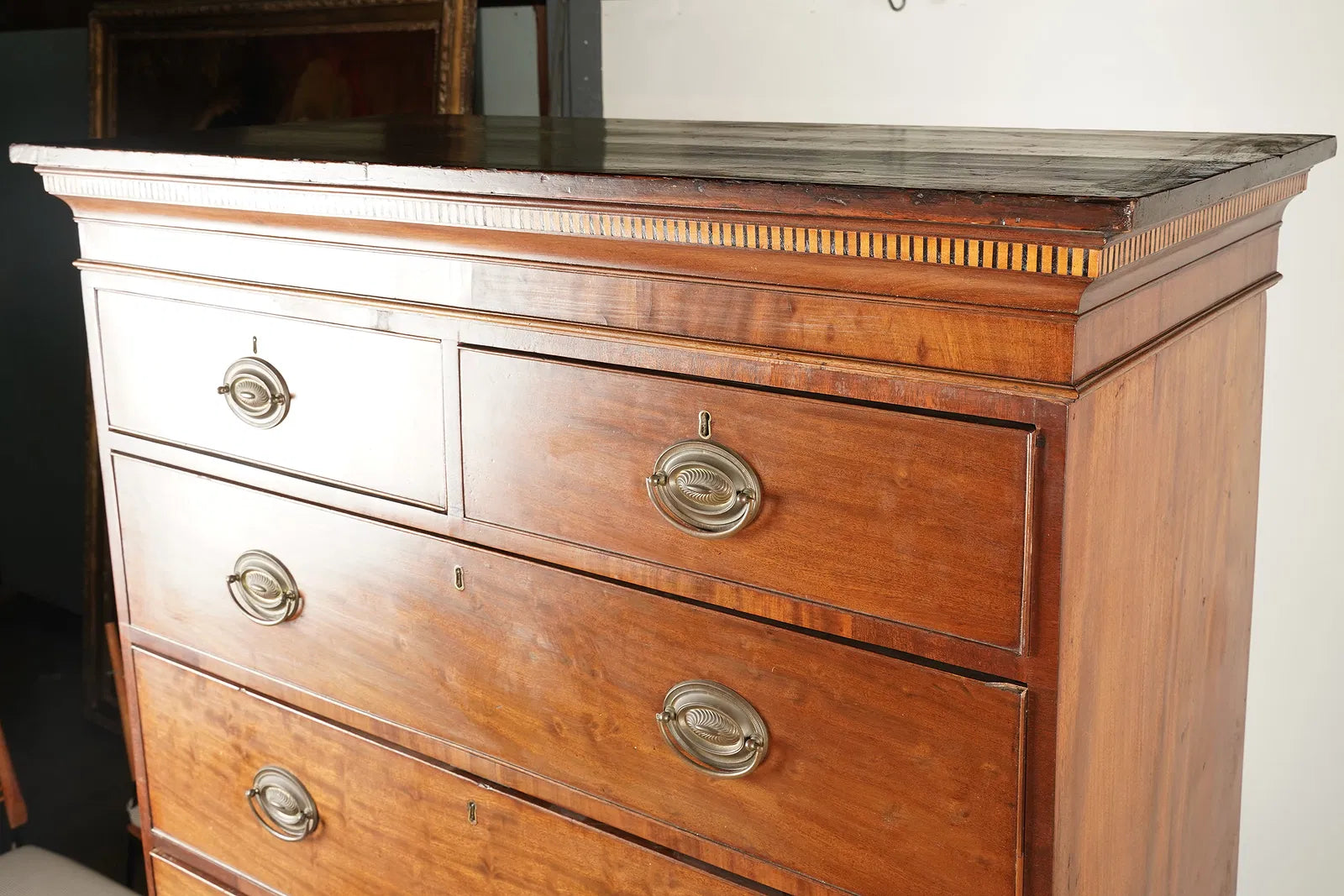 AF4-042: Antique American Federal Mahogany Hepplewhite Style Chest on Chest Circa 1800